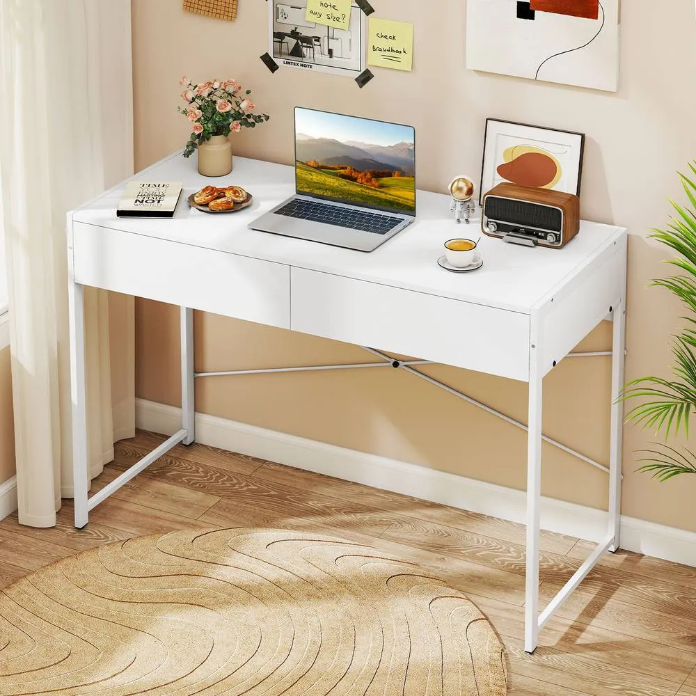 Costway Computer Desk Compact Writing Desk with 2 Drawers in White