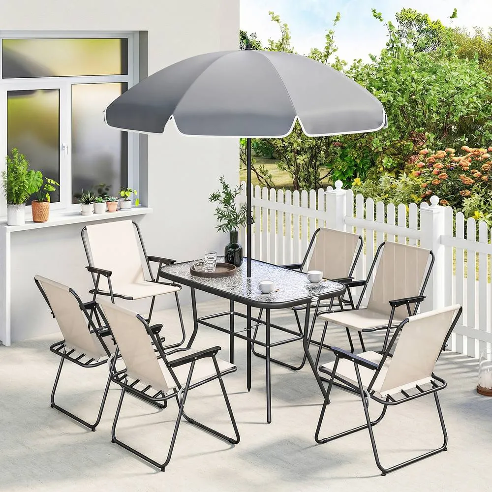 OUTSUNNY 8 Piece Garden Dining Set with 6 Folding Chairs & Umbrella in Cream