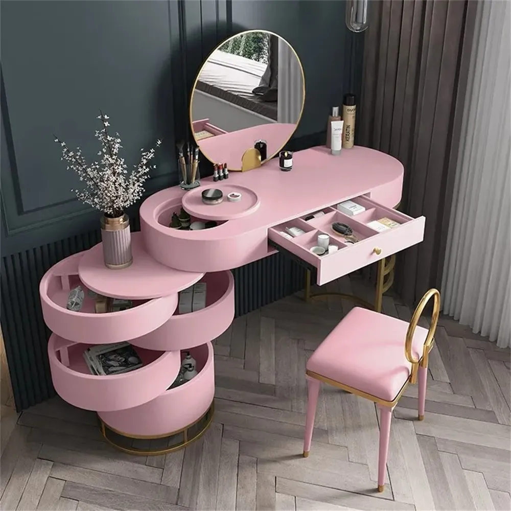 Pink Girls' Dressing Table with Chair with Side Cabinet, 4-Drawer Dressing Table, Mirror & Chair
