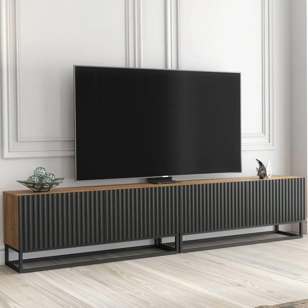 Creative Furniture Ripple Duo TV Unit 200cm - Oak & Black Fluted Doors in Brown 4