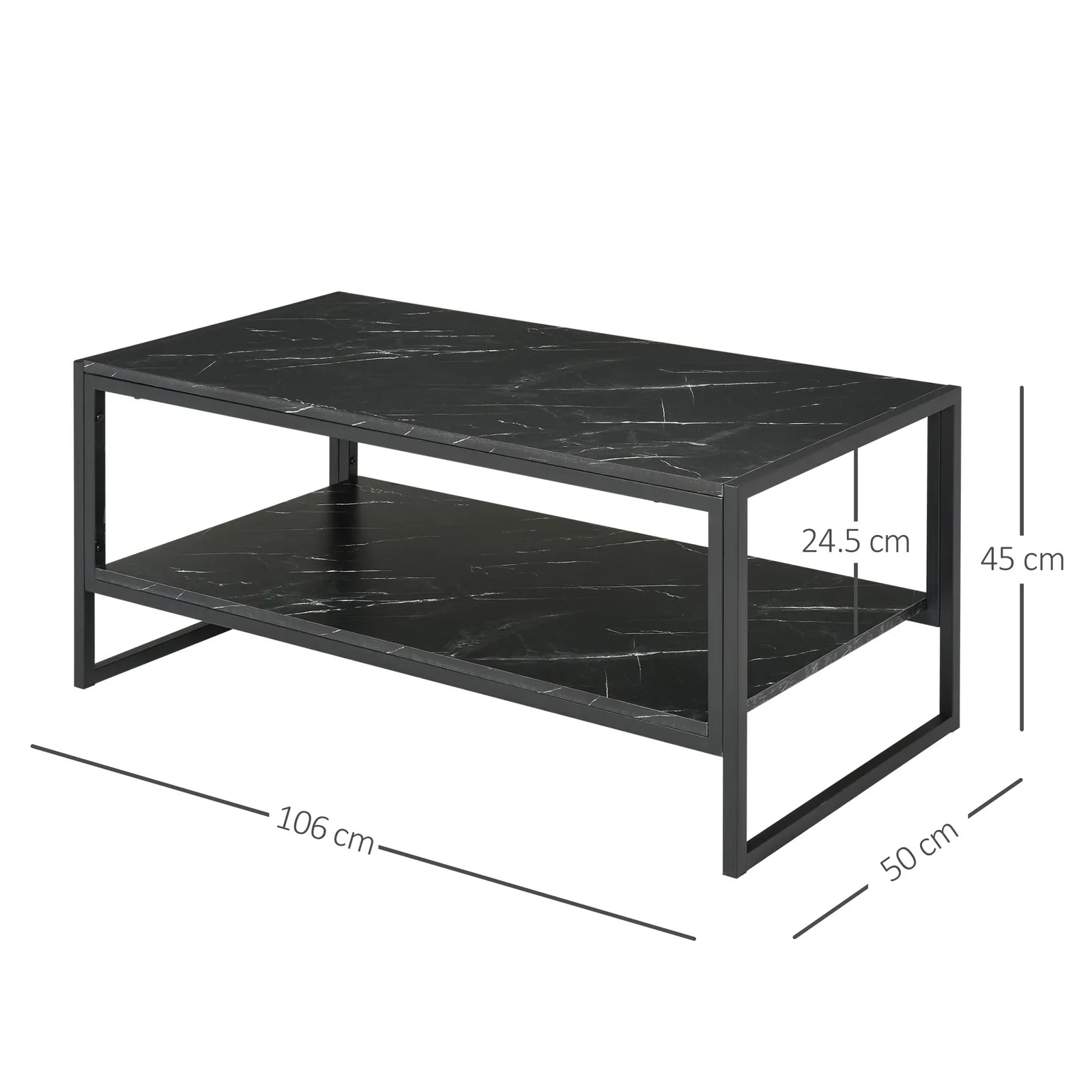 HOMCOM Elegant Two Tier Marble Effect Coffee Table Metal Frame in Black 3