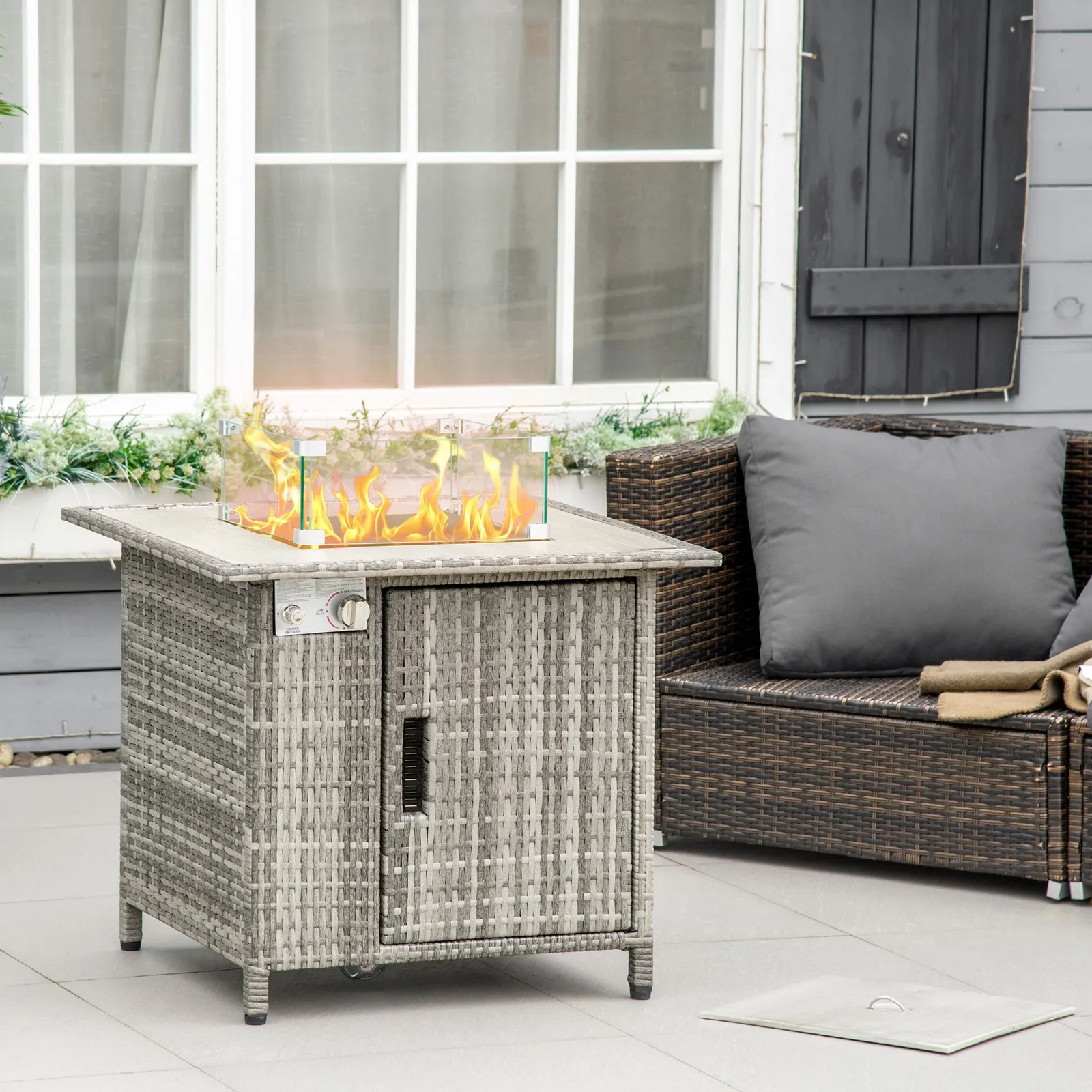 OUTSUNNY Rattan Gas Fire Pit Table with Rain Cover, Windscreen & Lava Stone, 50, 000 BTU in Grey