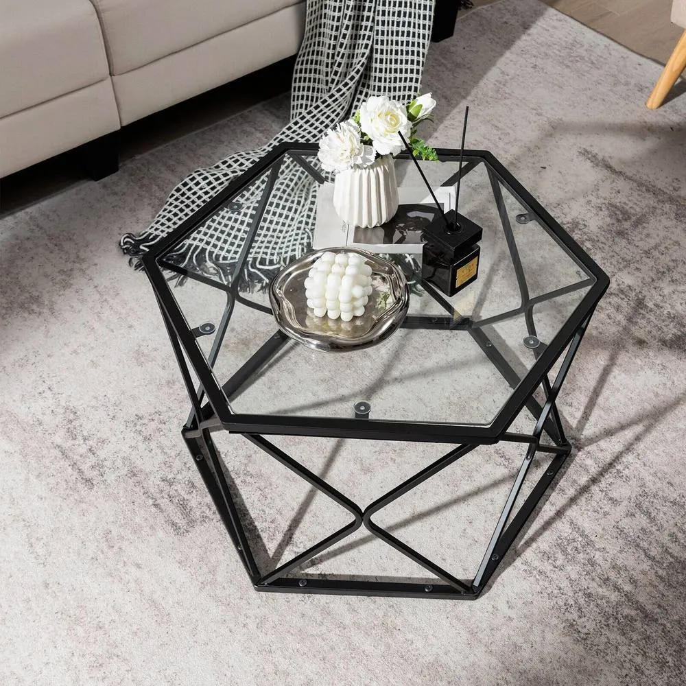Costway Geometric Glass Coffee Table Hexagonal End Table with Tempered Glass Top in Black 6