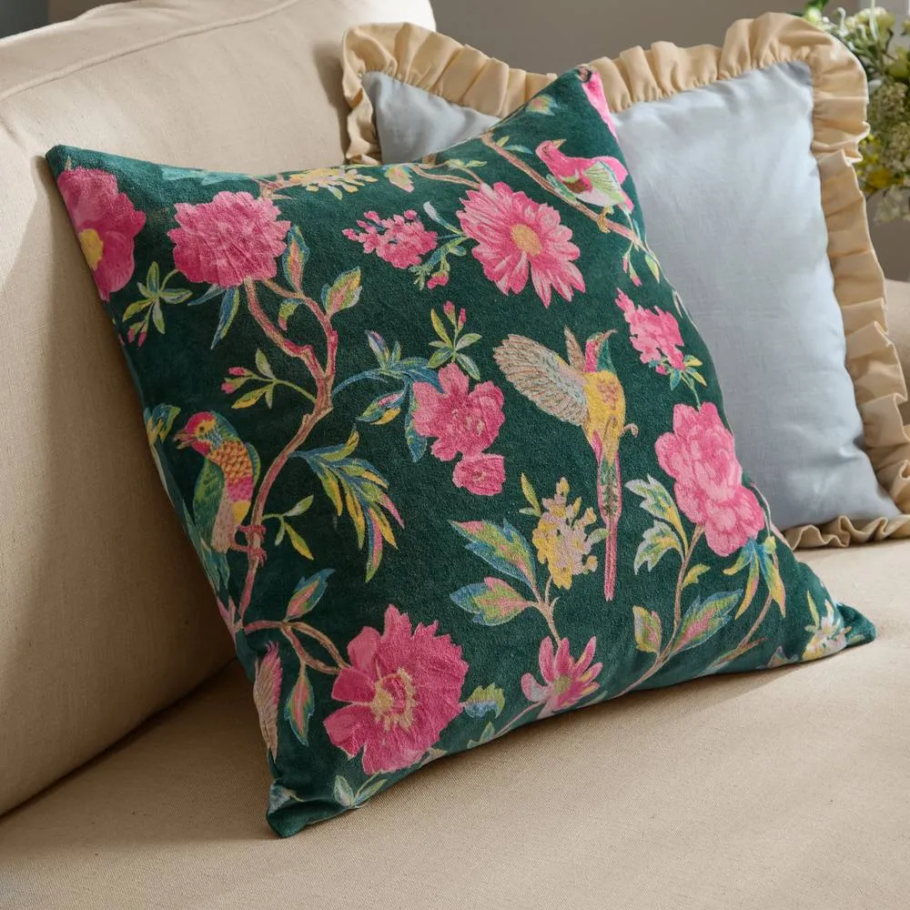 Wylder Aviary 100% Cotton Velvet Cushion in Dark Green 1