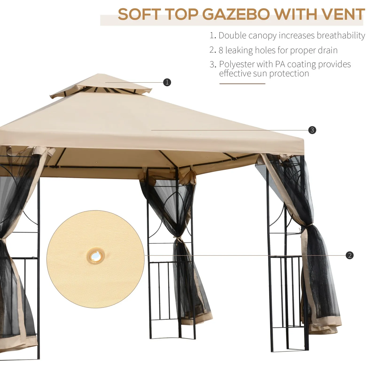 OUTSUNNY 3x3Metre Gazebo Patio Pavilion Canopy Tent with Netting & Shelf in Beige 4