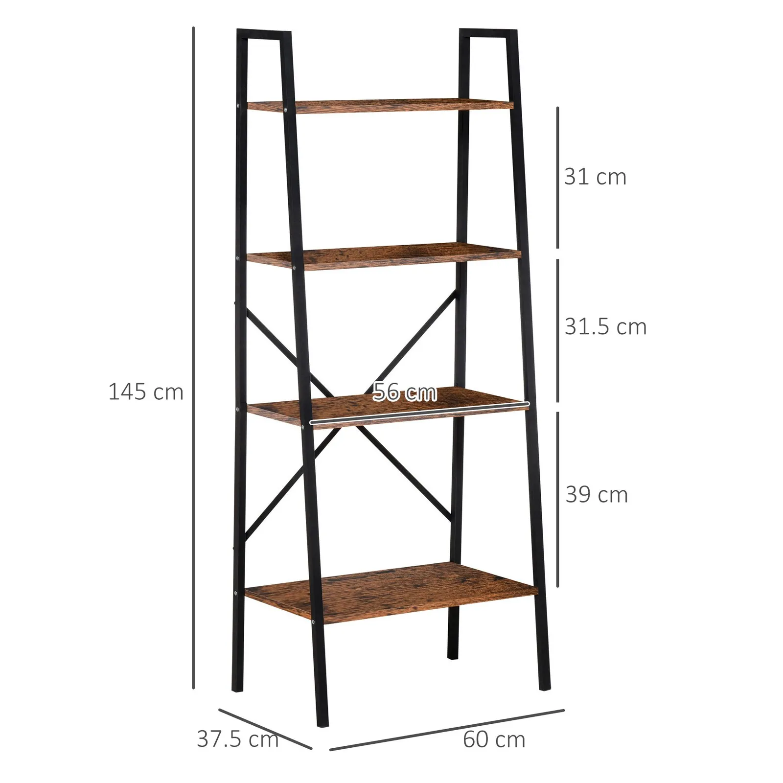 HOMCOM 4-Tier Minimalistic Ladder Shelf Unit Steel Frame Home Display Storage in Brown 3