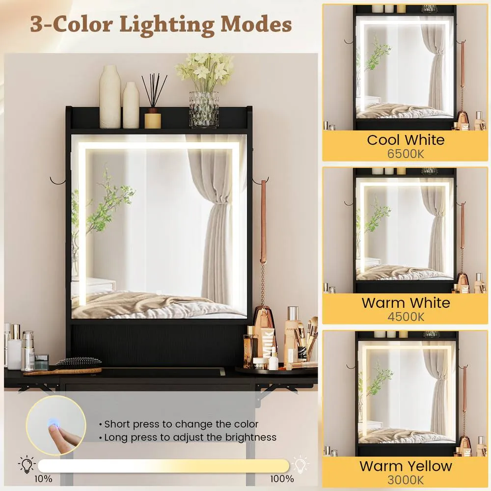 Costway Dressing Table & Stool Set Makeup Table w/LED Lights &Charging Station in Black 4
