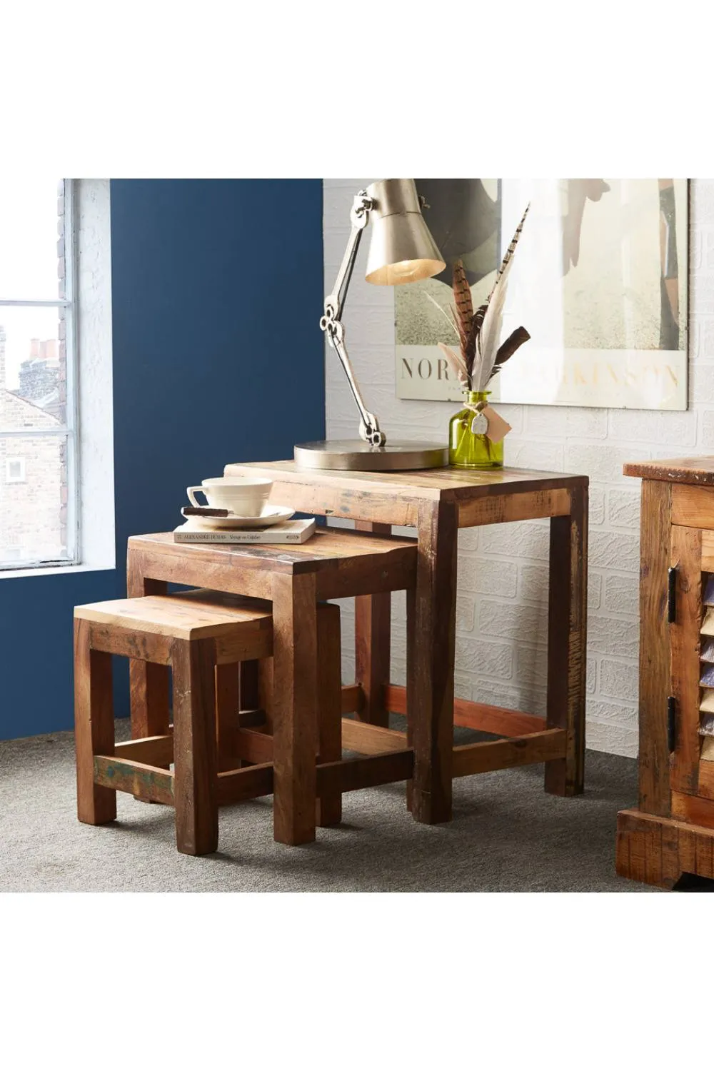 IH Design Jeilyn Reclaimed Boat Nests of 3 Stools for Living Room & Dining Room in Brown