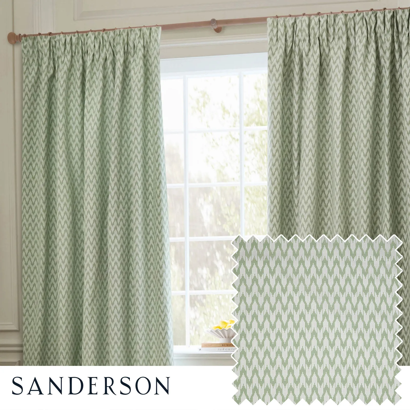 Sanderson Hutton Jacquard Room Darkening Pencil Pleat Curtains in Light Green