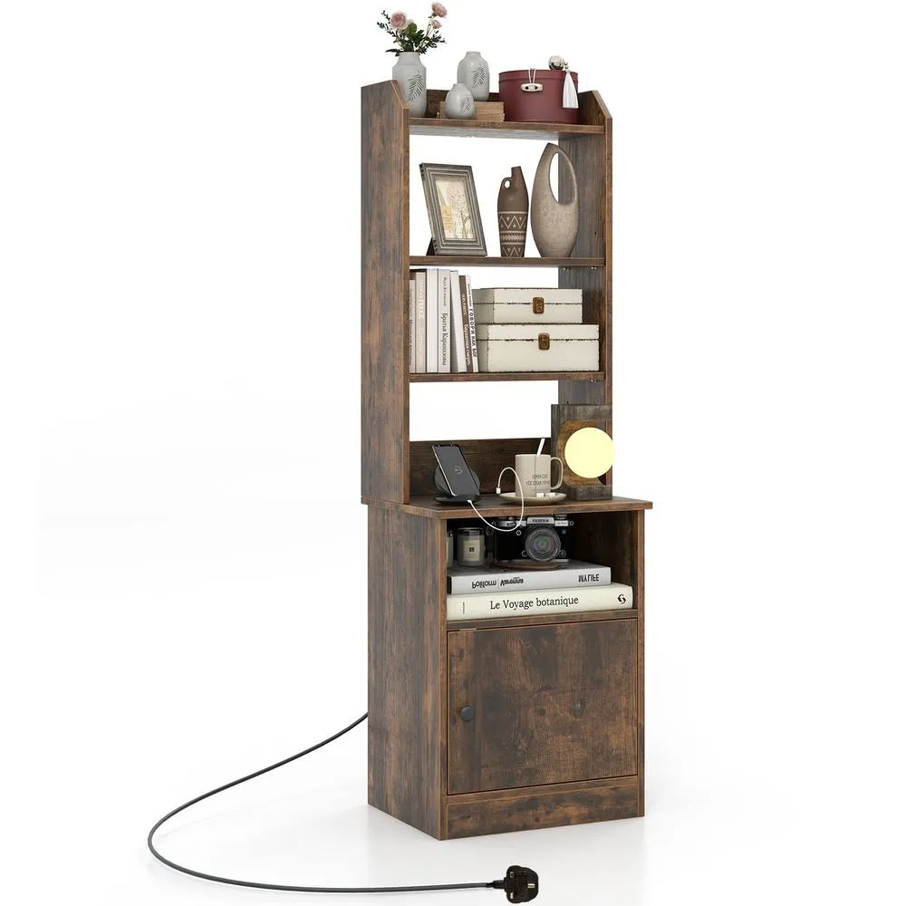 Costway 6-Tier Nightstand Bedside Tables Tall Night Stands w/ Charging Station in Brown