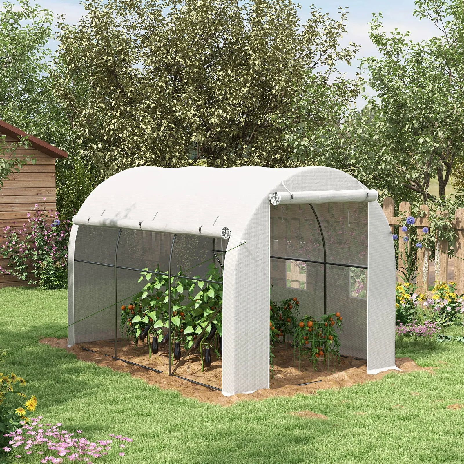 OUTSUNNY Polytunnel Greenhouse with PE Cover, Galvanised Steel Frame, White