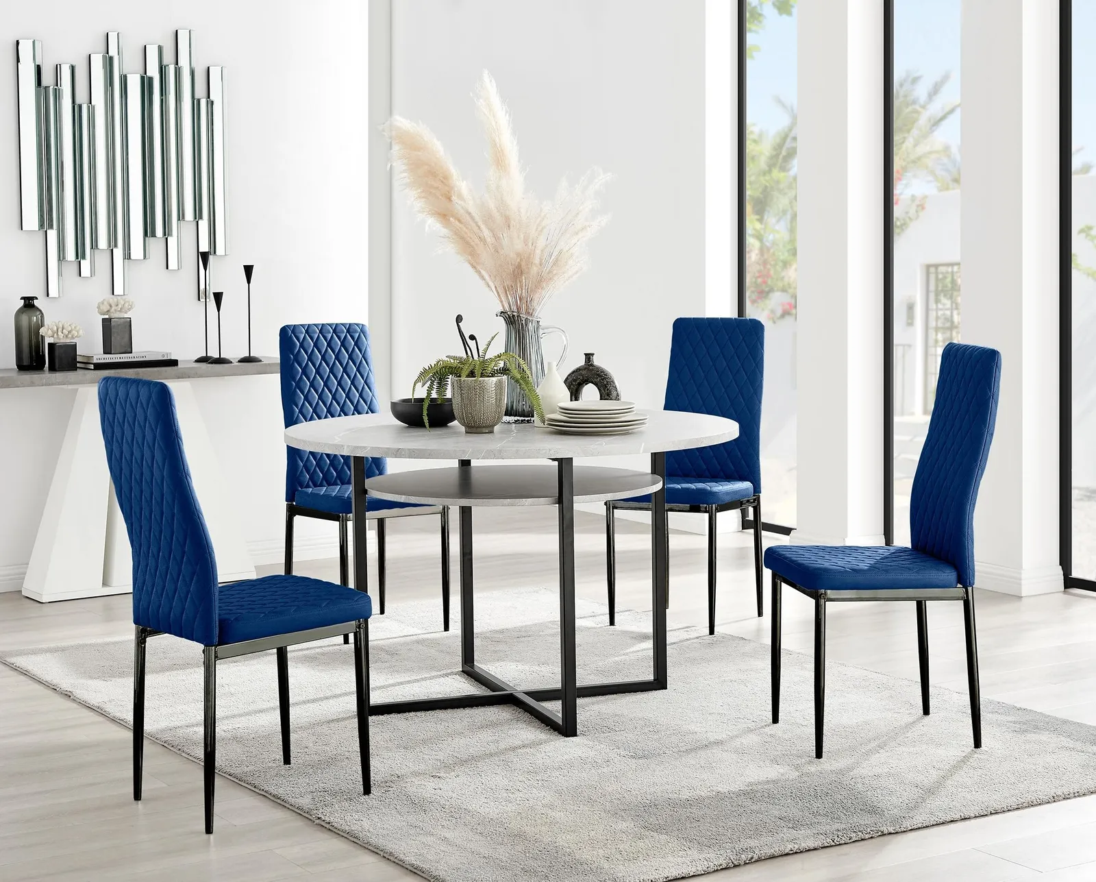FurnitureboxUK Adley Grey Concrete Effect & Black Round Dining Table with Shelf & 4 Velvet Milan Dining Chairs in Navy 1