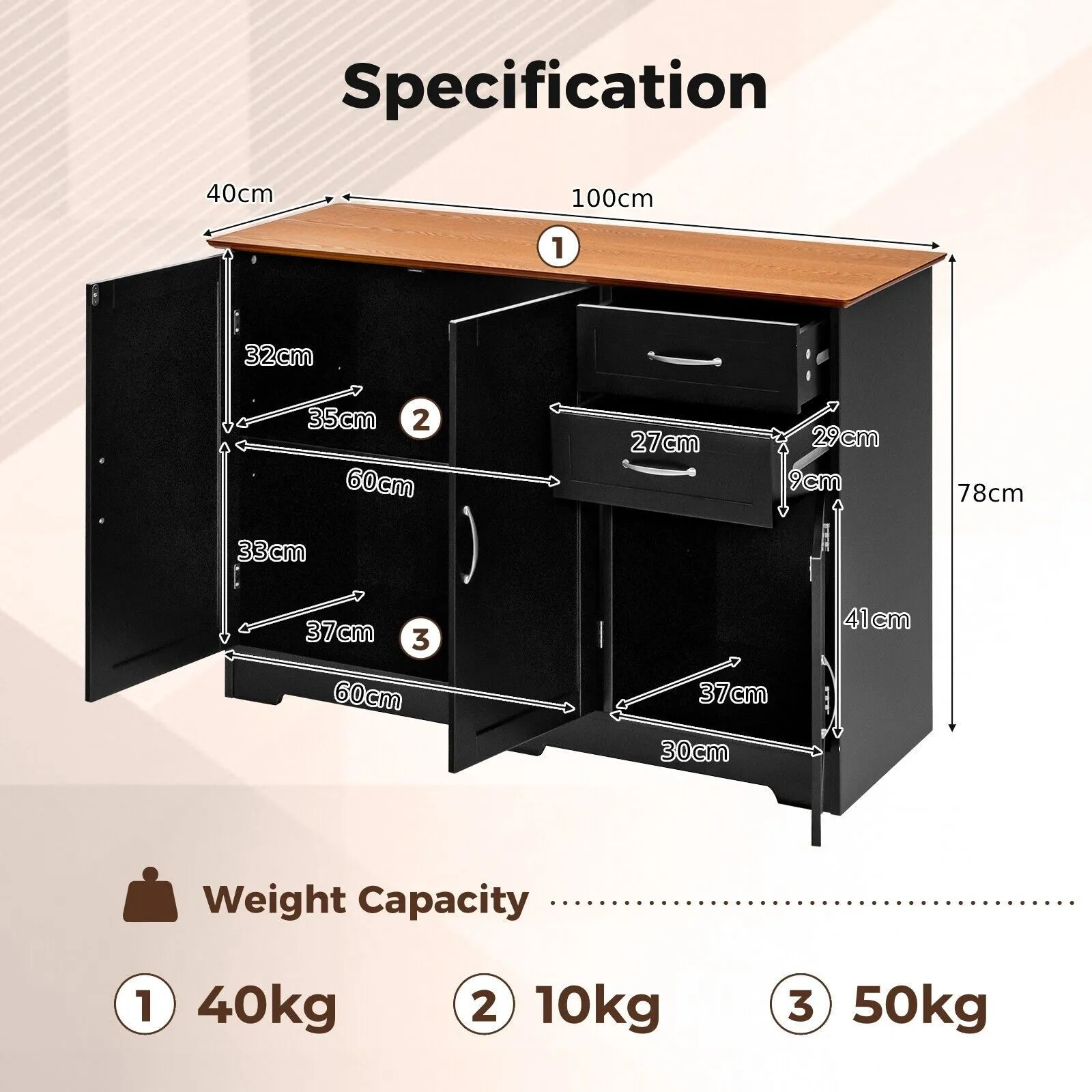 Costway Buffet Cabinet Kitchen Modern Storage Cabinet with Adjustable Shelf in Black 2