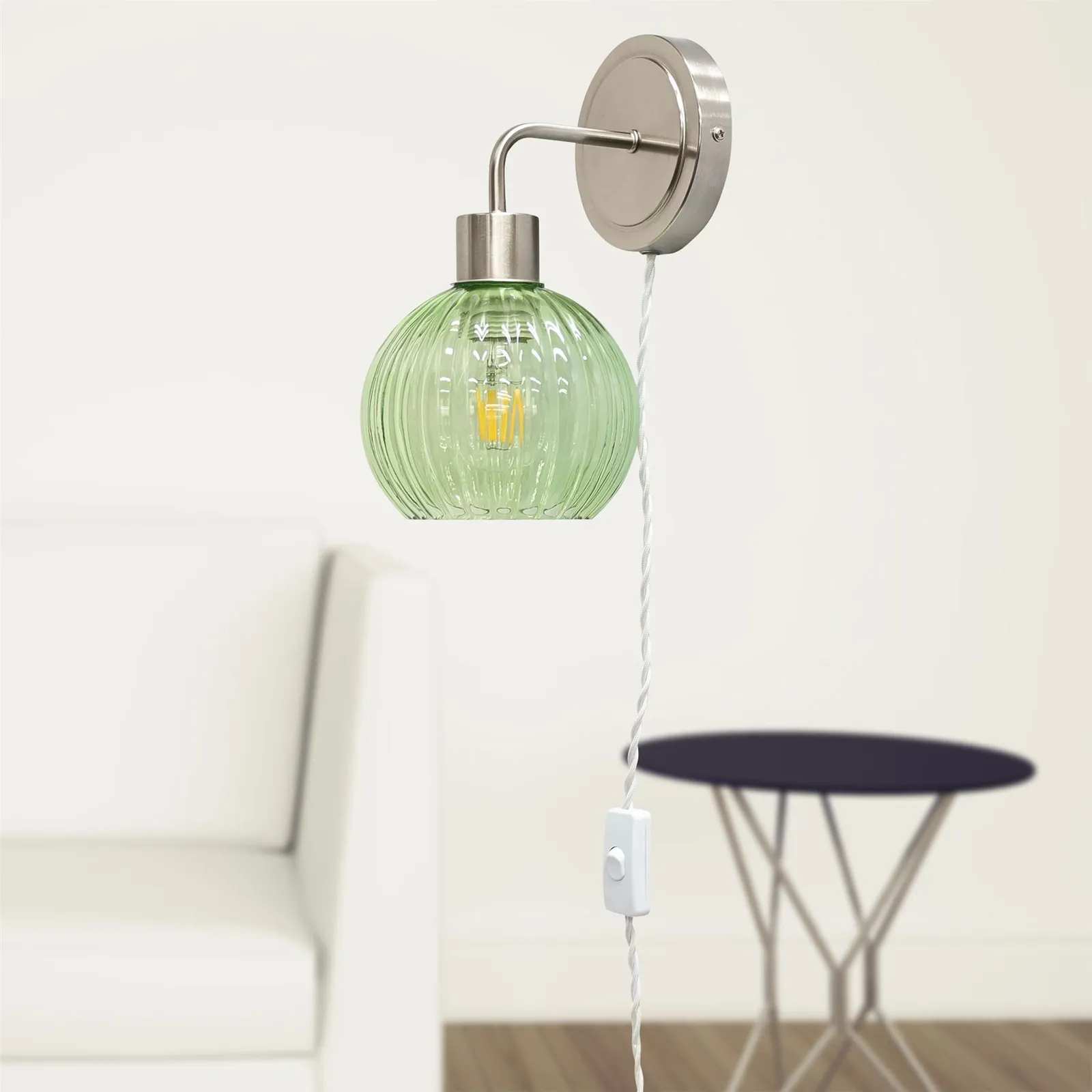 First Choice Lighting Toby - Satin Nickel Plug in Wall Light with Betchley Green Shade in Silver 4