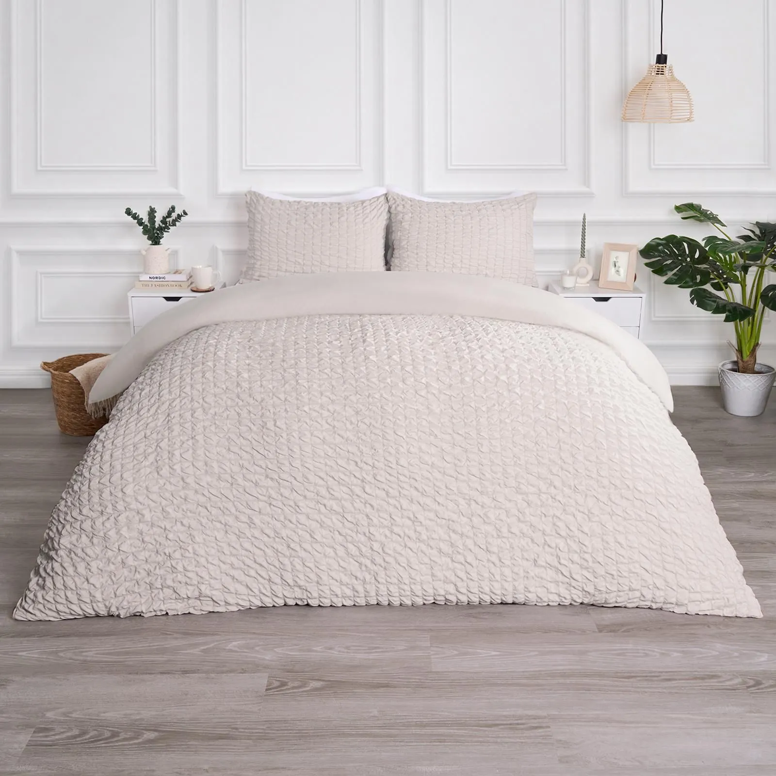 OHS Luxury Seersucker Duvet Cover Set Geo Pillowcase Quilt in Natural