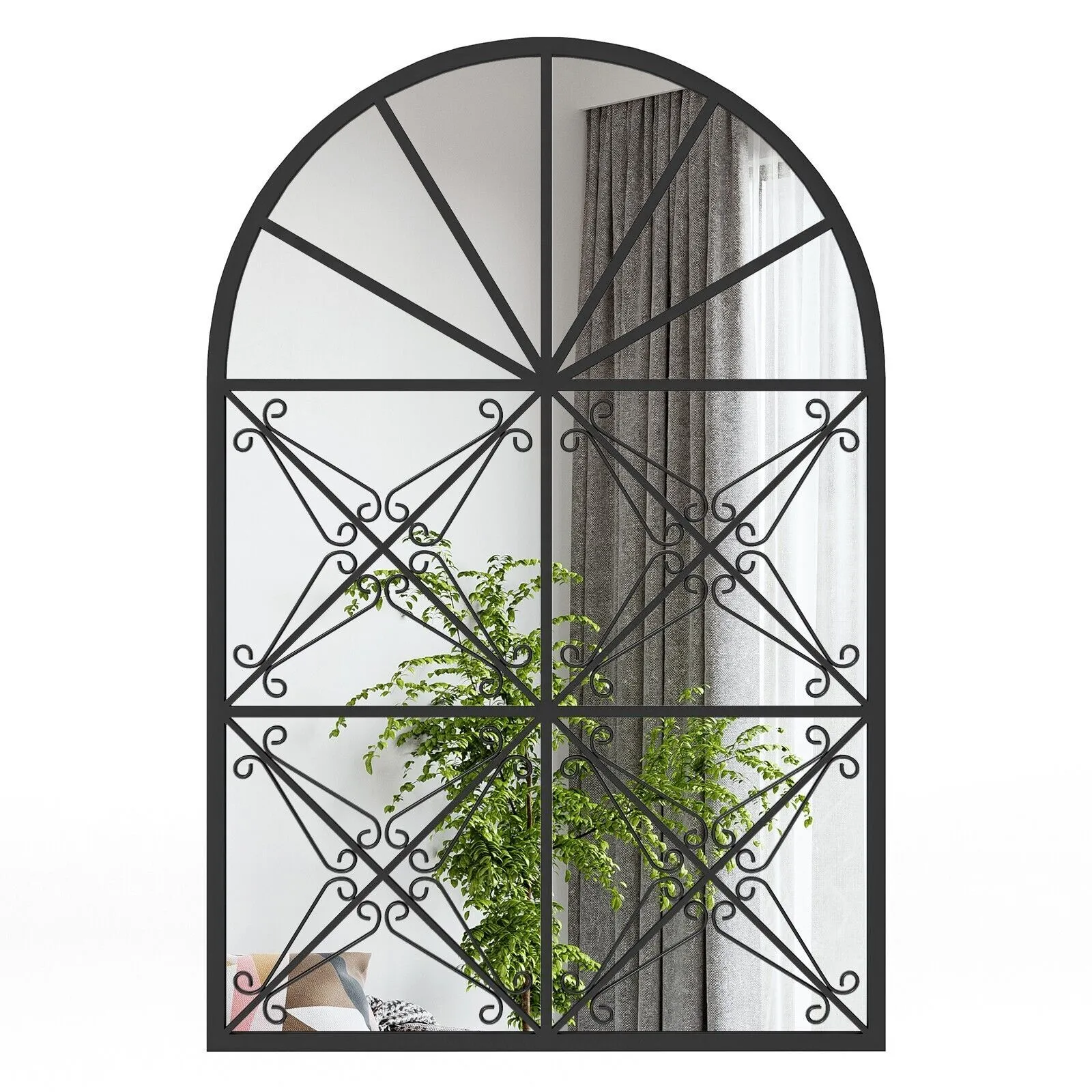 Costway Arched Window Pane Mirror Wall Mounted Decorative Mirror w/ Metal Frame in Black
