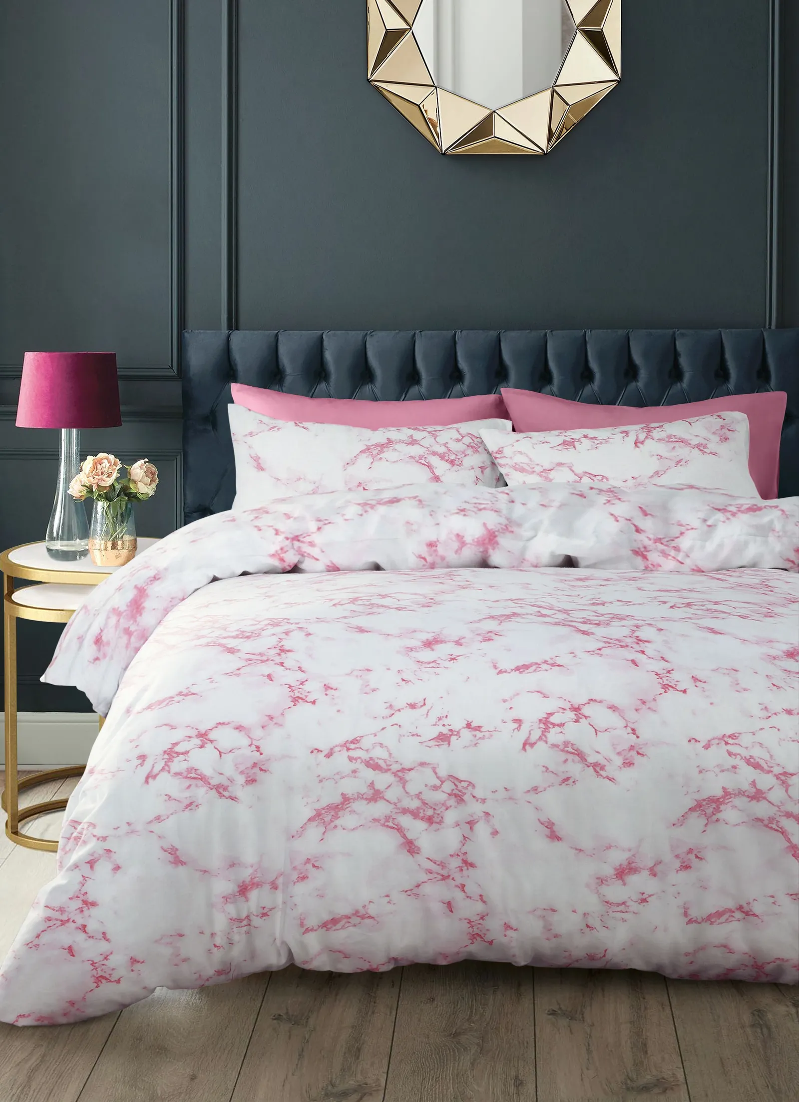 Velosso Marble Cotton Rich Printed Duvet Cover & Pillowcase Set in Pink