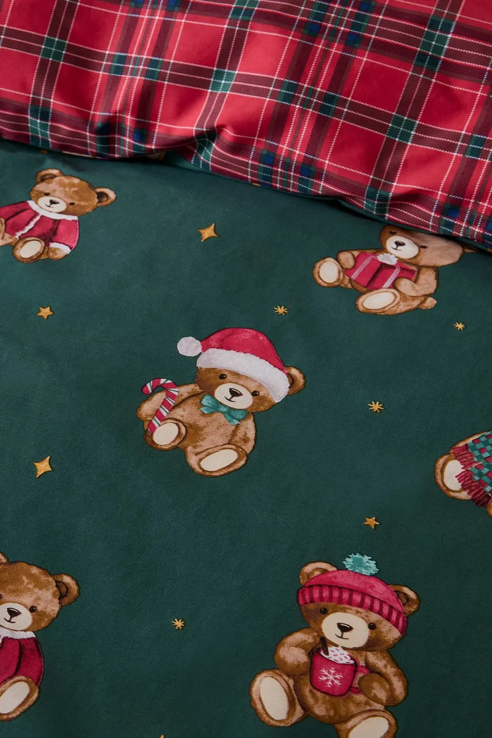 Catherine Lansfield 'Christmas Tartan Teddy Bear' Reversible Duvet Cover Set in Green 5