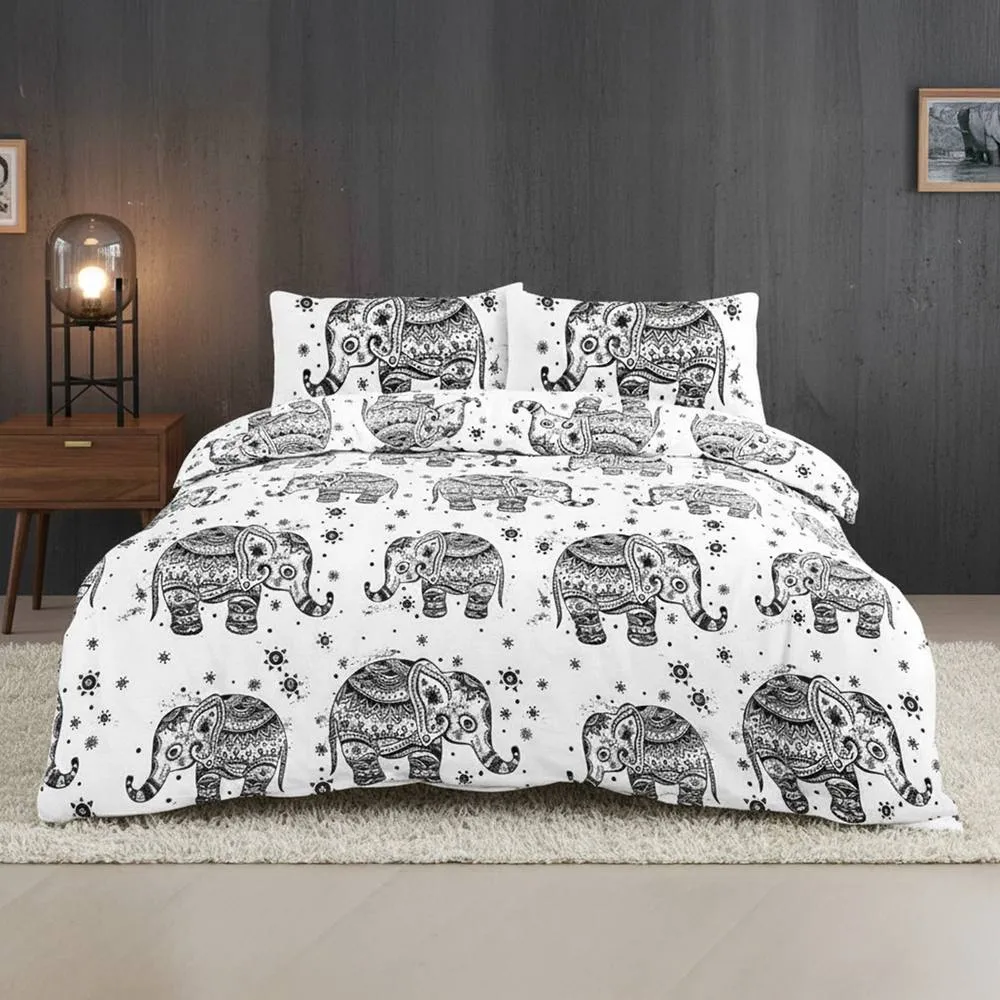 Snug City Elephant Print Duvet Set Beautiful Boho Bedding for a Serene Bedroom in White