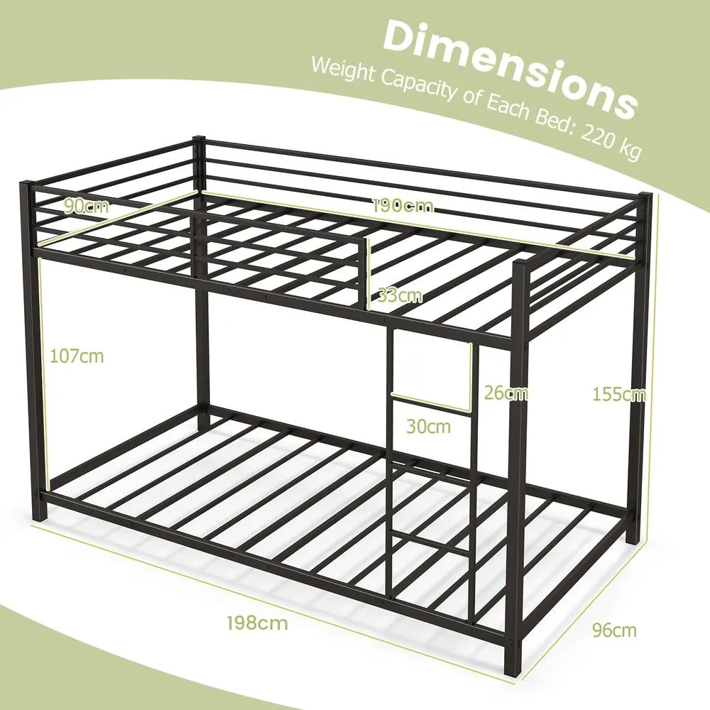 Costway Single Metal Bunk Bed Floor Bed Frame w/Ladder &Full-length Guardrails in Black 2