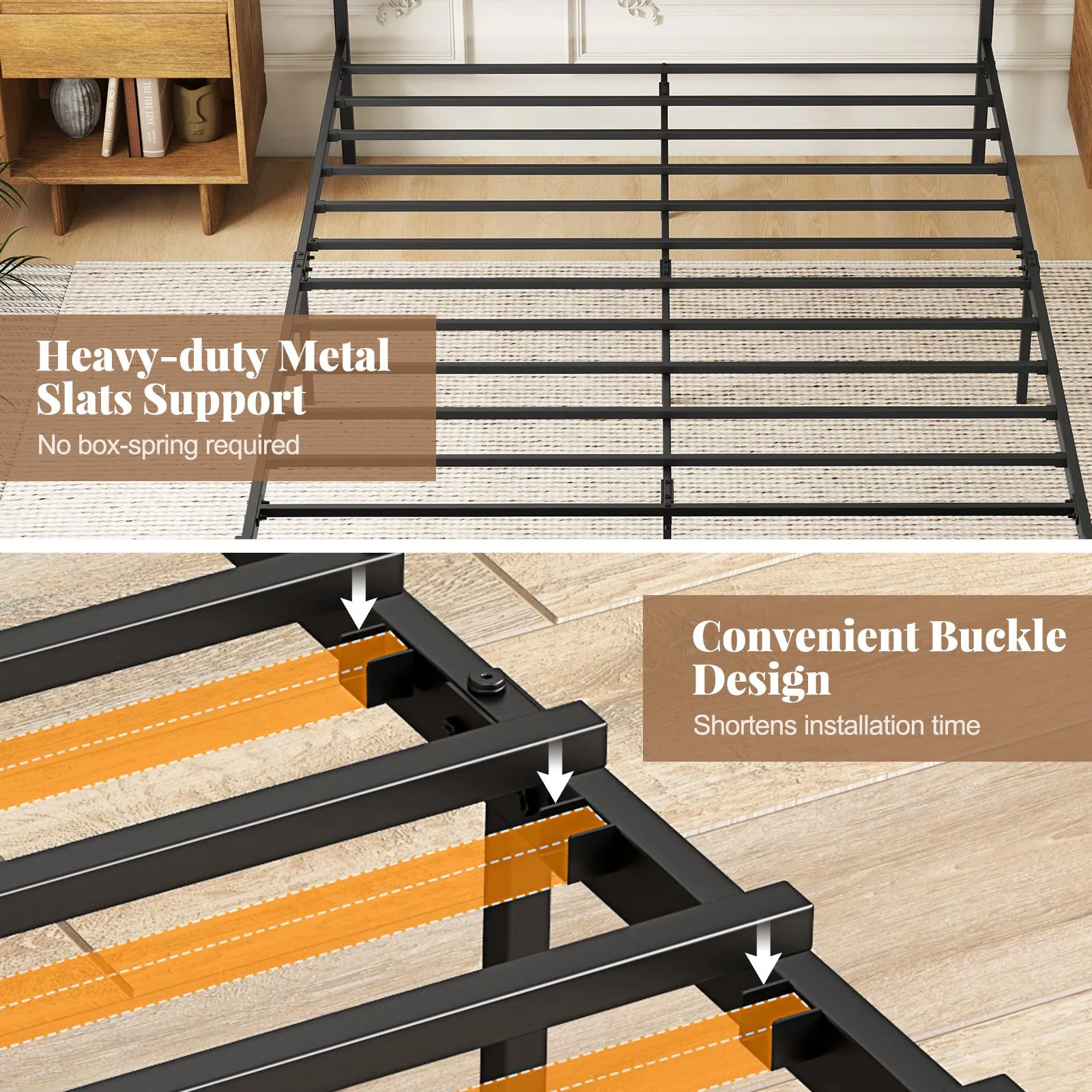 Costway King Metal Bed Frame Industrial Platform Bed w/ Wooden Headboard in Brown 5