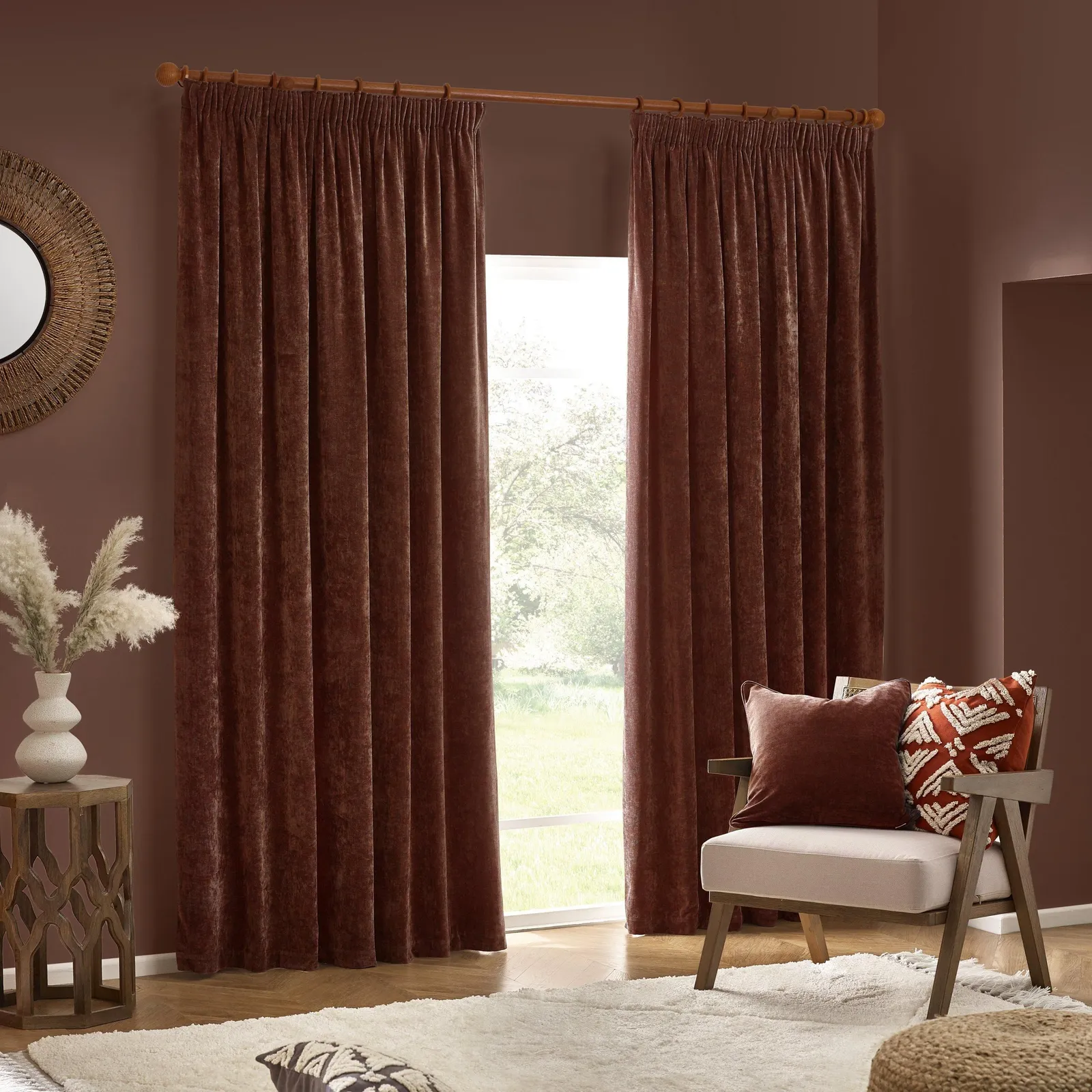 Yard Heavy Chenille Velvet Room Darkening Pencil Pleat Curtain Pair in Dark Brown 2