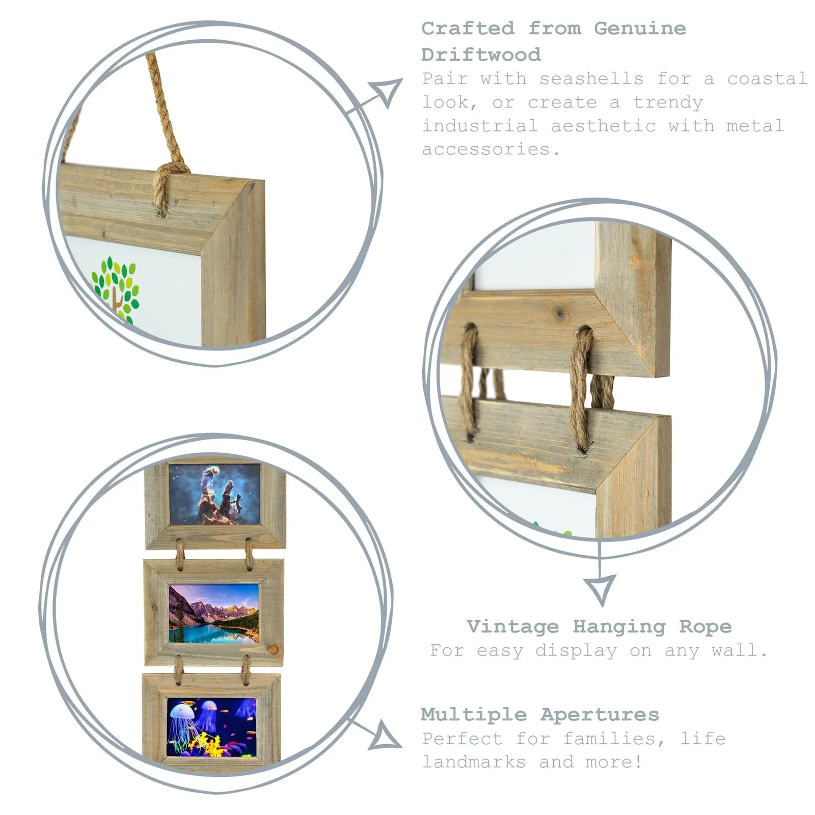 Nicola Spring Rustic Wooden Hanging 3 Photo Frame - 4 x 6" - Natural 2