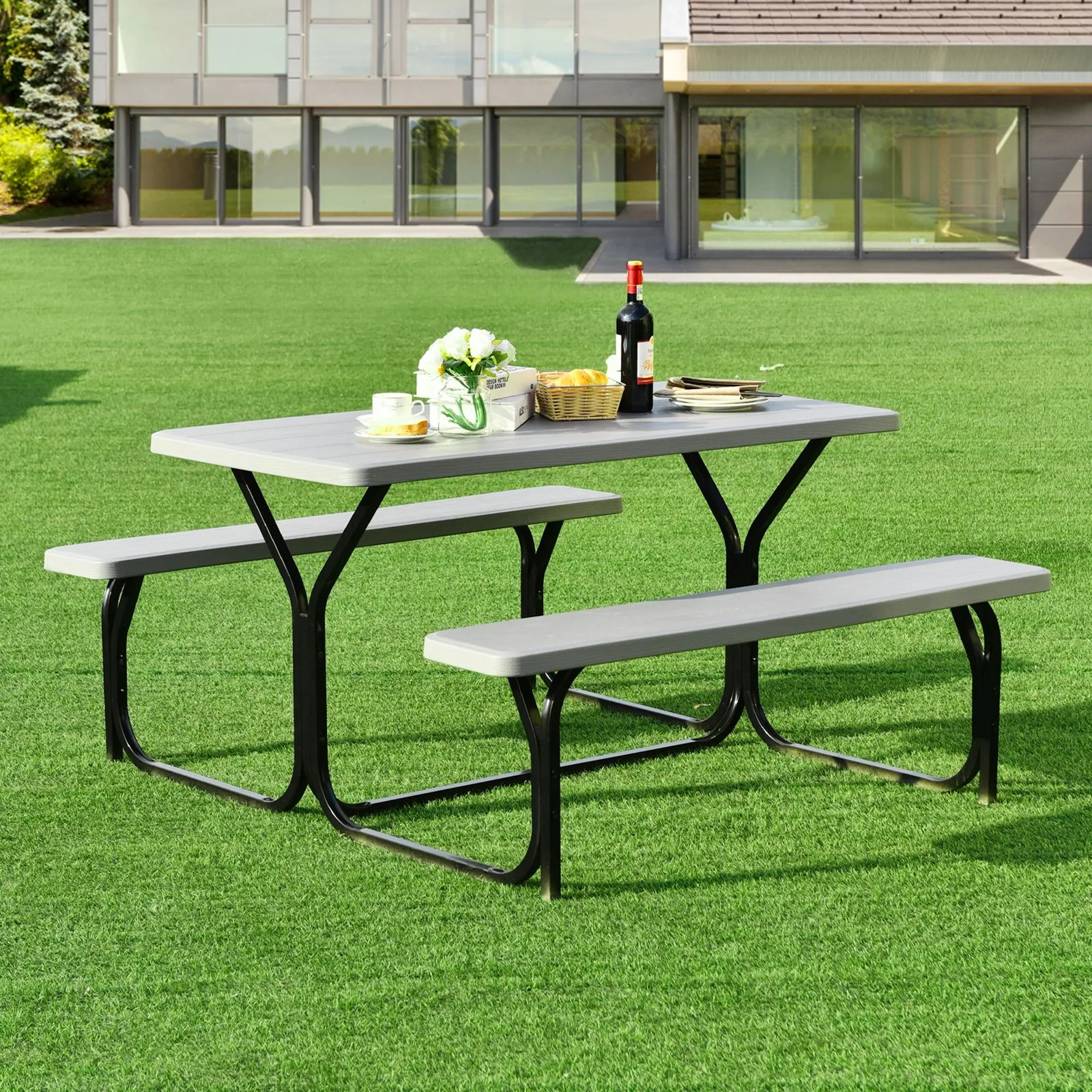 Costway Outdoor Picnic Table Bench Set Garden Dining Table & Bench Sets in Grey 6