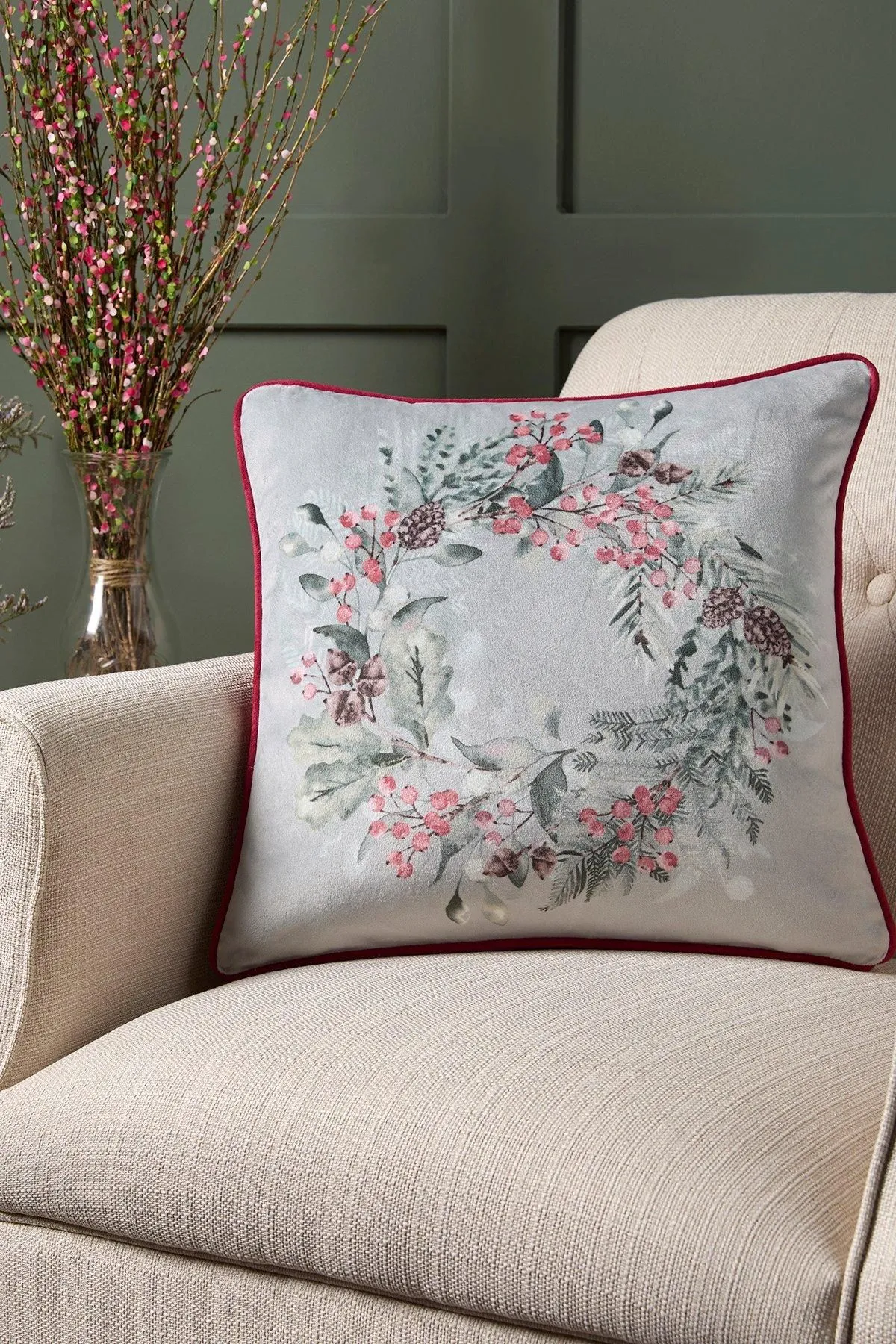 Dreams & Drapes 'Winter Sprigs' Floral Wreath Velvet Filled Cushion in Green