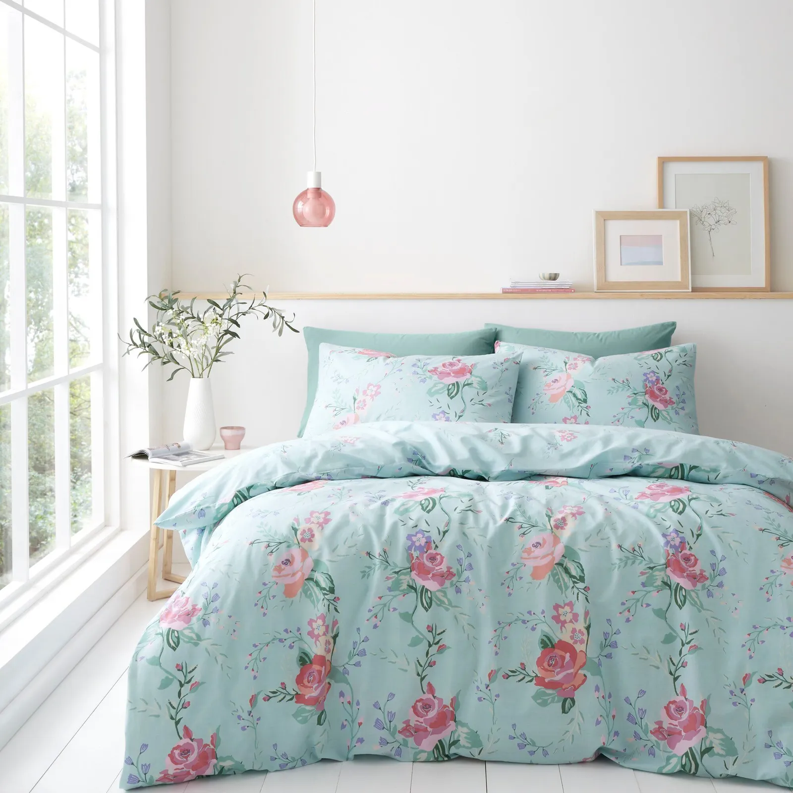 Portfolio Home Rose Garden Floral Duvet Cover Quilt Set with Pillowcase in Duck Egg Blue