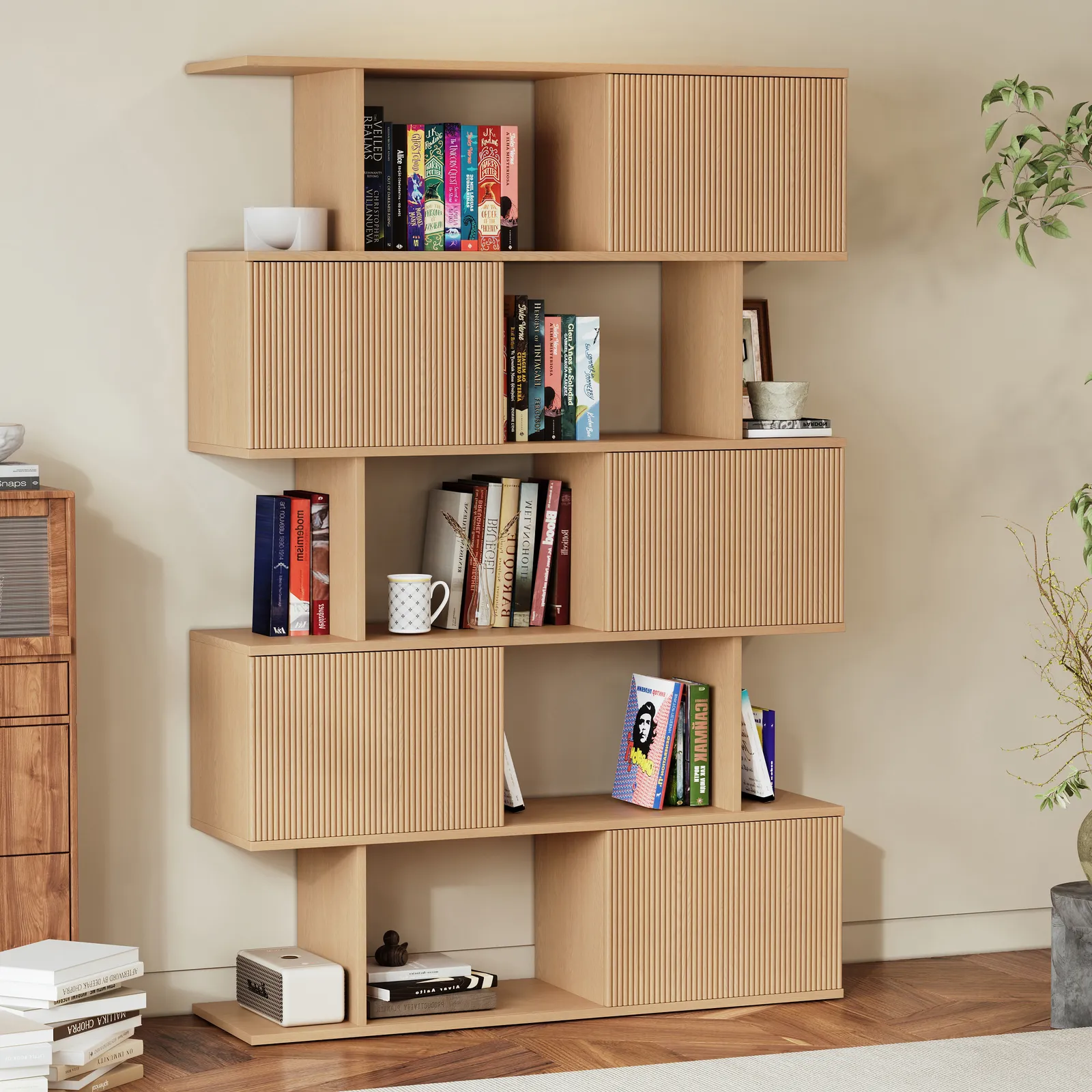 185 cm Natural Sliding Door Etagere Bookshelf 5-Shelf Tall Book Shelf Rich Storage