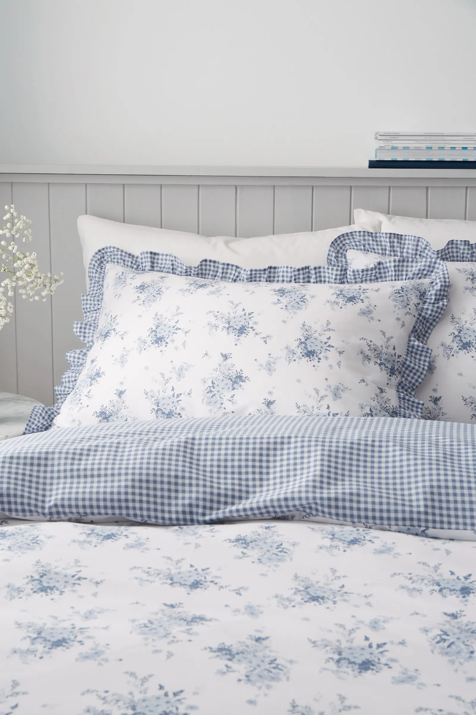 Catherine Lansfield 'Lucie Floral Frill' Reversible Duvet Cover Set in Blue 2