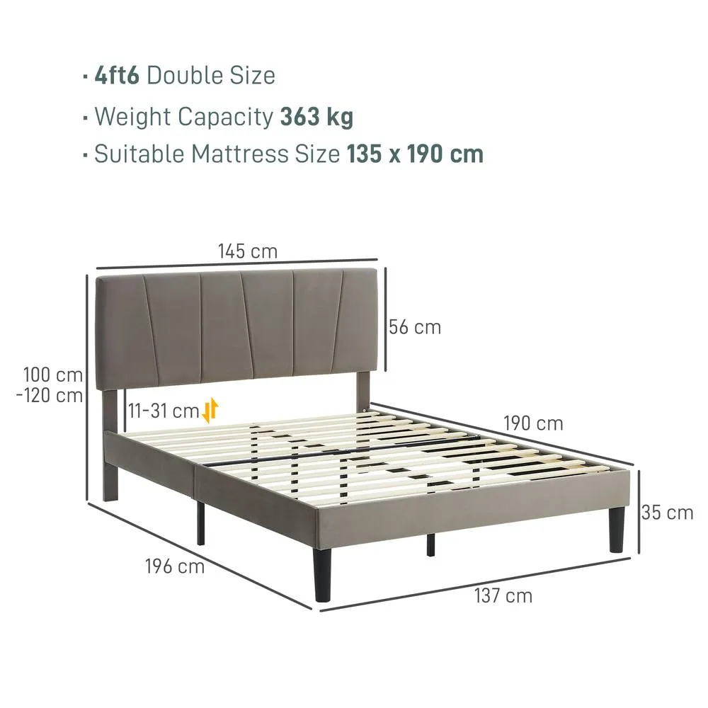 HOMCOM Bed Frame with 5-Level Adjustable Headboard Wooden Slats in Grey 3