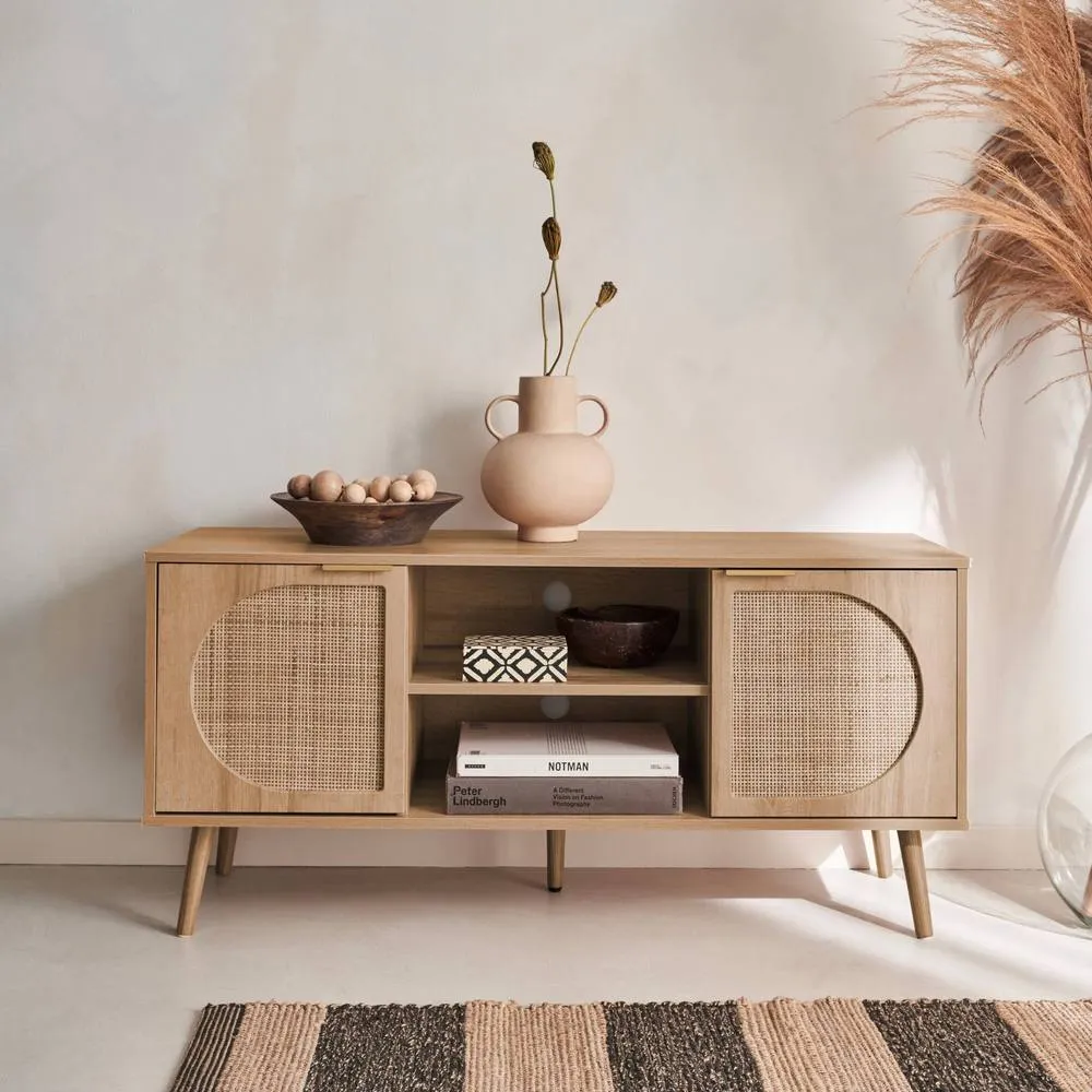 sweeek 120cm TV unit woodenn effect rounded cane rattan 2 doors in Beige 4