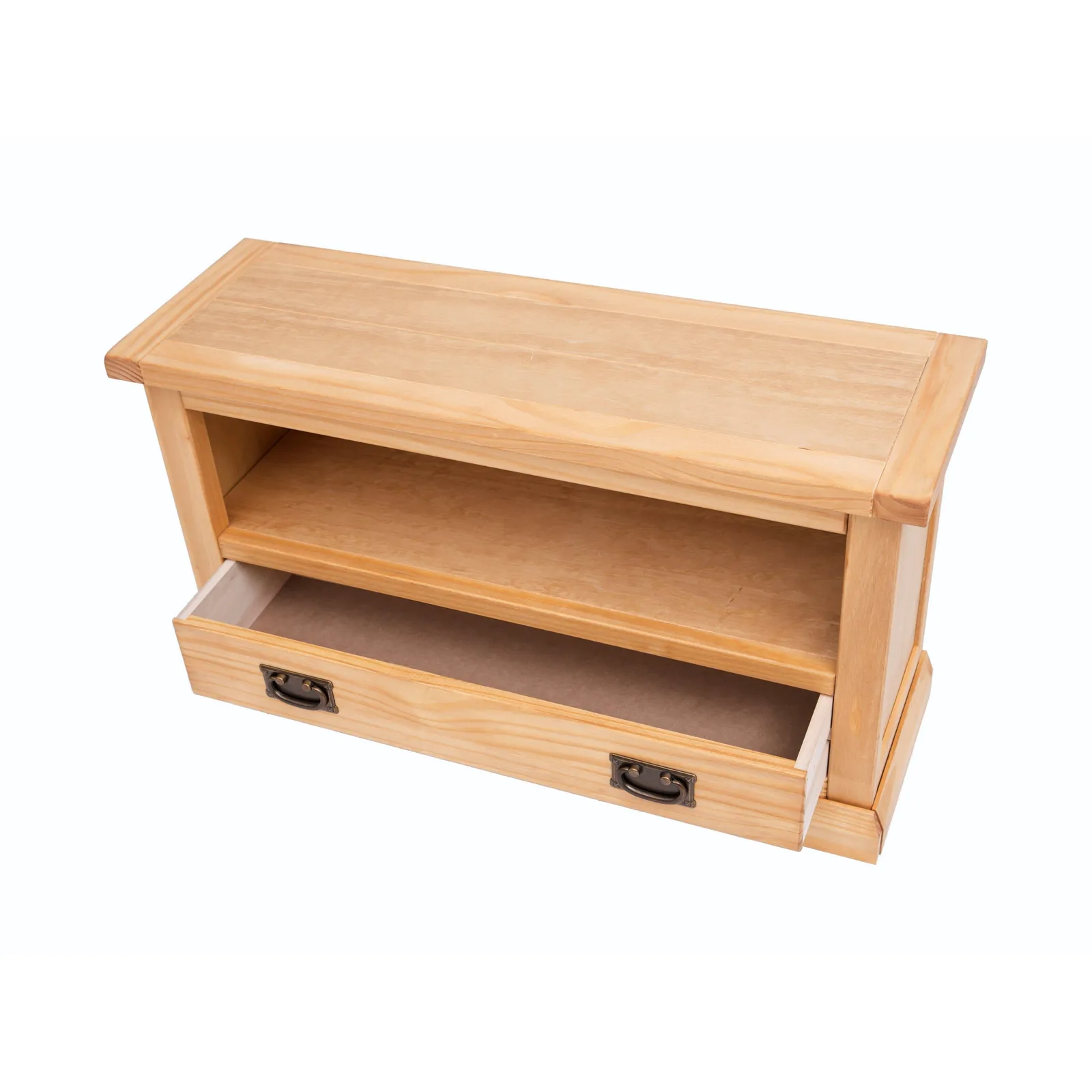 Cabinet Bits Lucca Waxed 1 Drawer TV Cabinet Brass Drop Handle in Light Brown 4