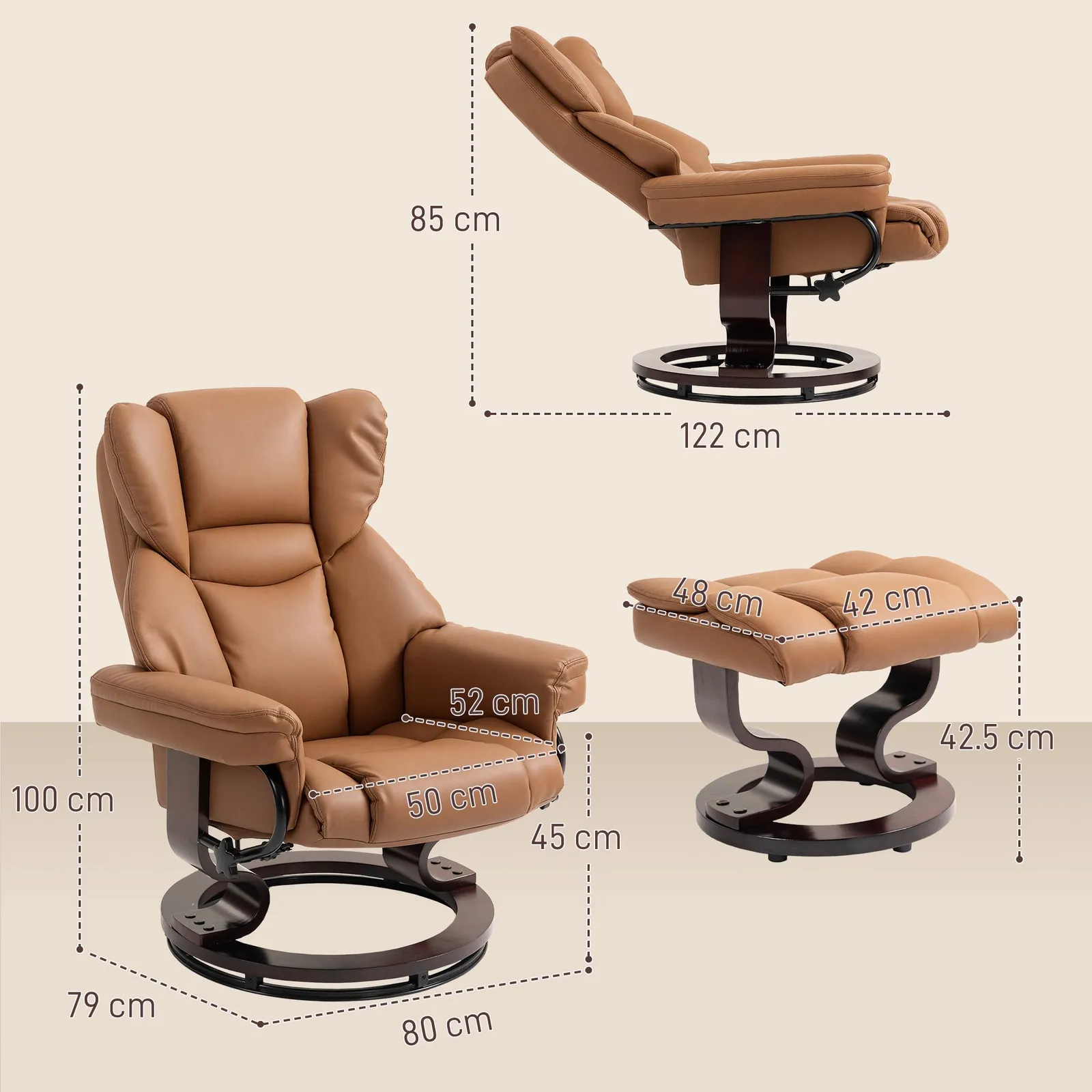 HOMCOM PU Leather Manual Reclining Armchair Footstool Padded Seat Brown 3