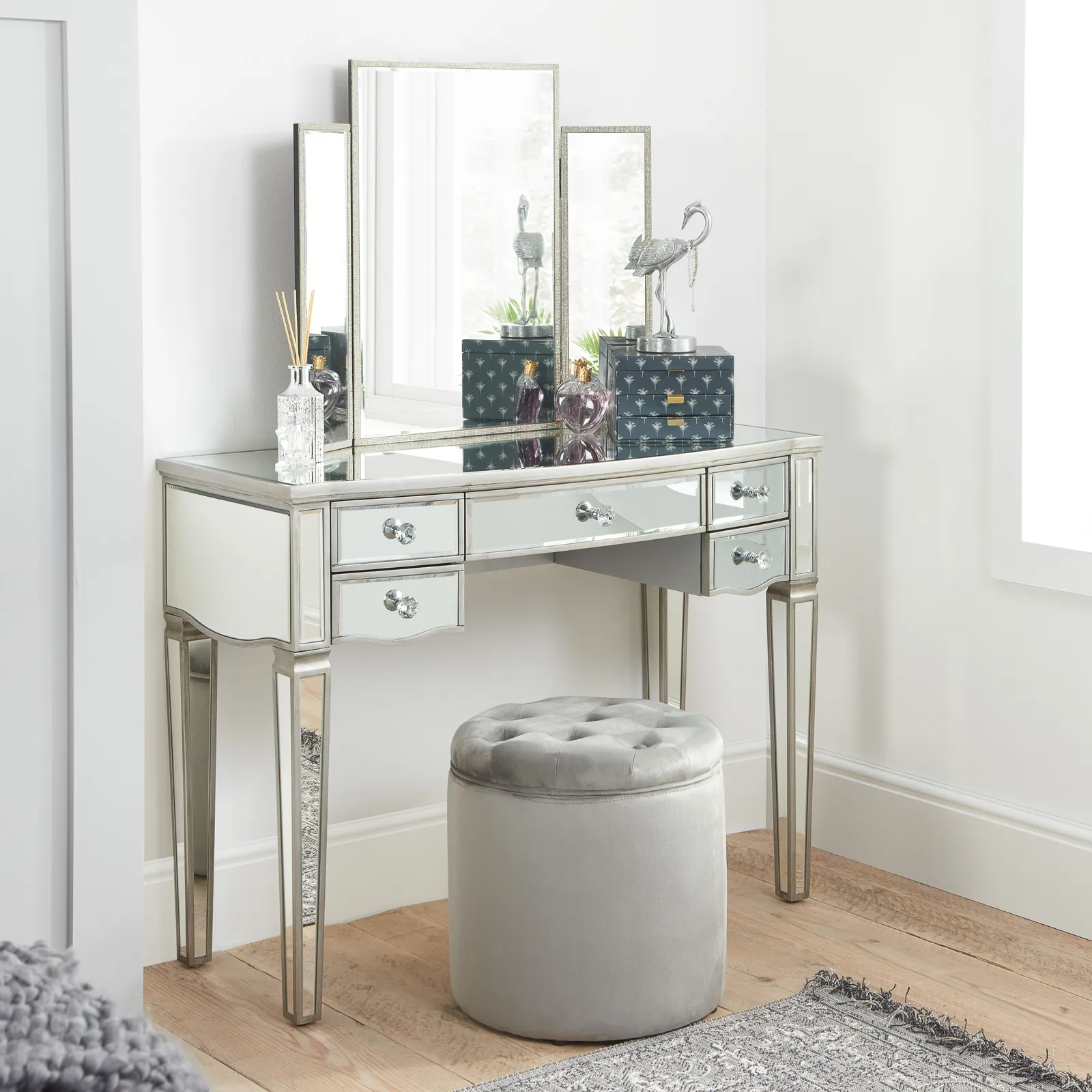 Birlea Elysee 5 Drawer Dressing Table Mirrored in Silver