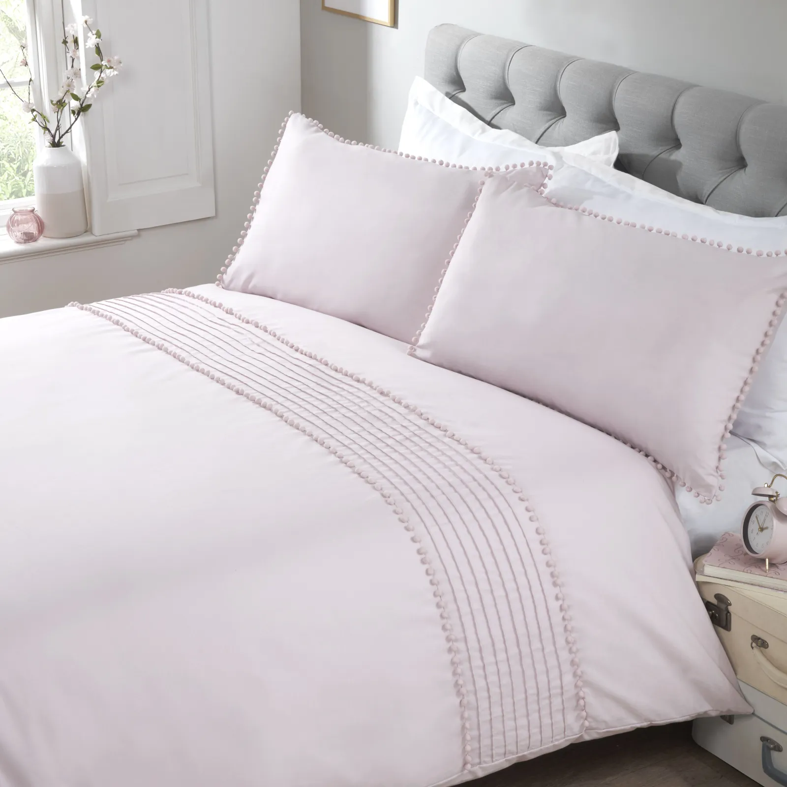 Rapport Home Pom Poms Polycotton Duvet Cover Set With Pillowcase in Dusty Pink 1