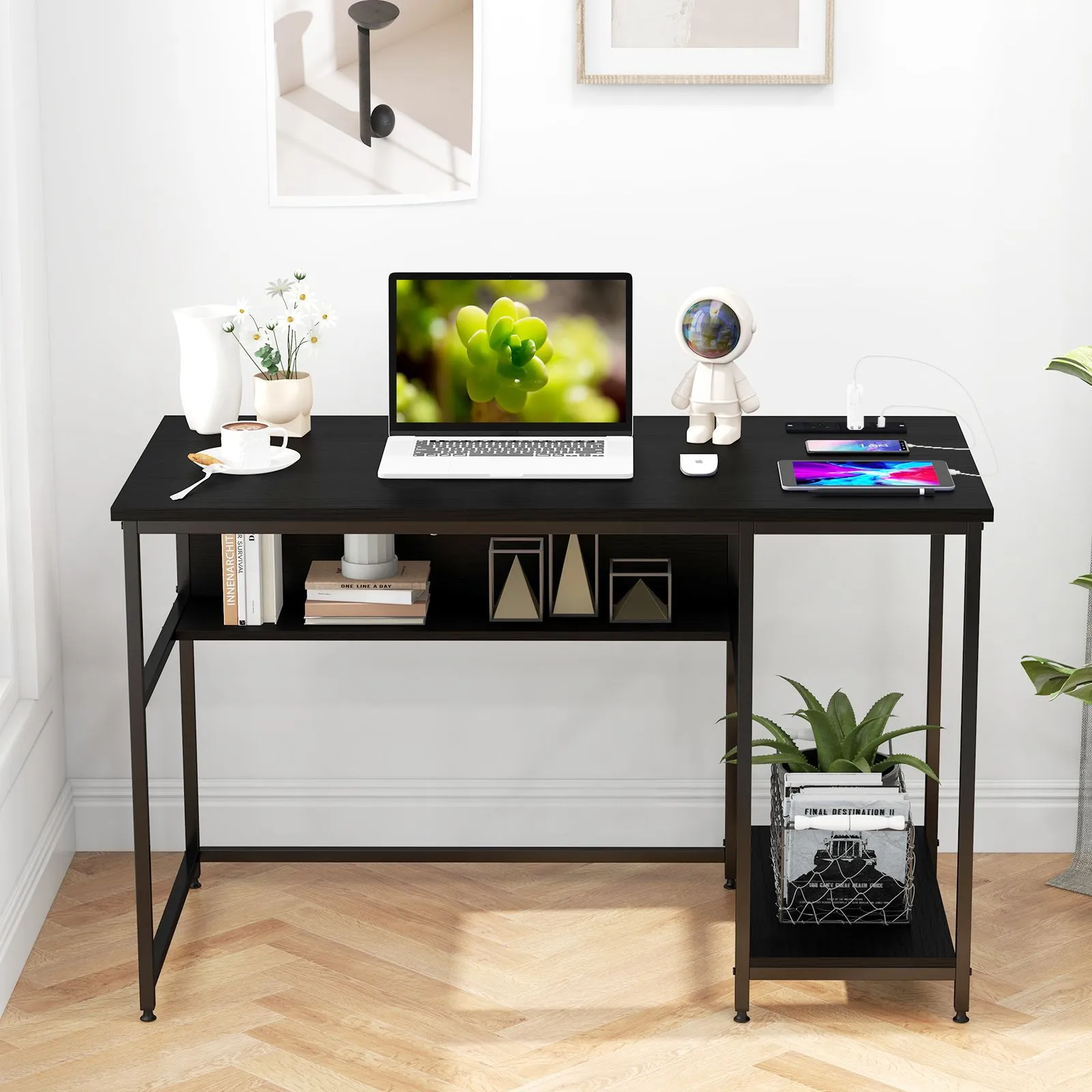 Costway 120CM Computer Desk with Power Outlet & Shelf Home Office Studying Table in Black 4