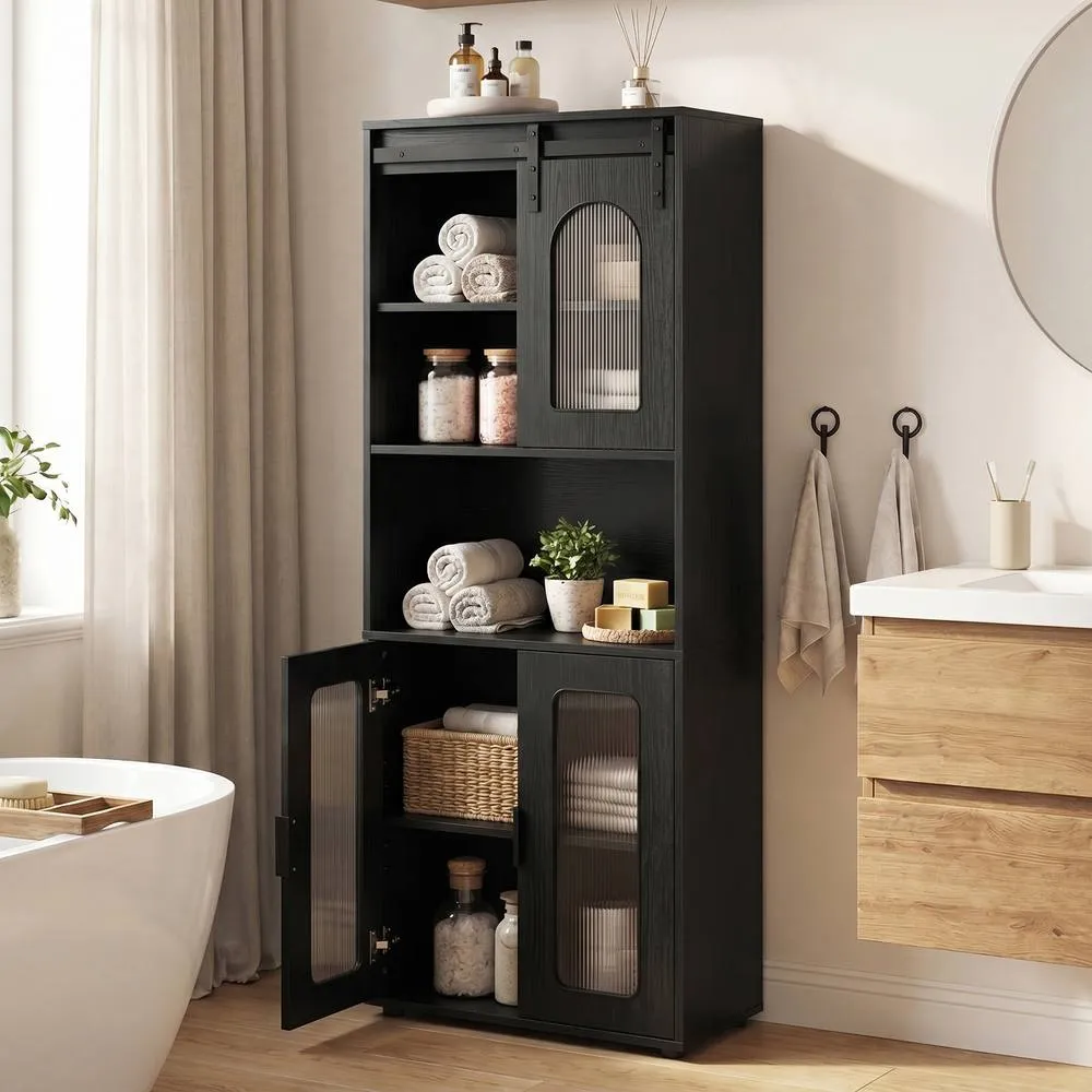 Costway Farmhouse Bathroom Floor Cabinet Sliding Barn Door Shelves in Black 4