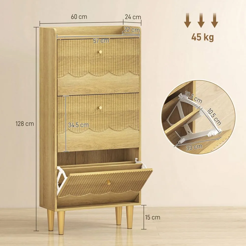 HOMCOM Narrow Shoe Cabinet, Shoe Storage Cabinet with 3 Flip Drawers, Oak in Natural 3
