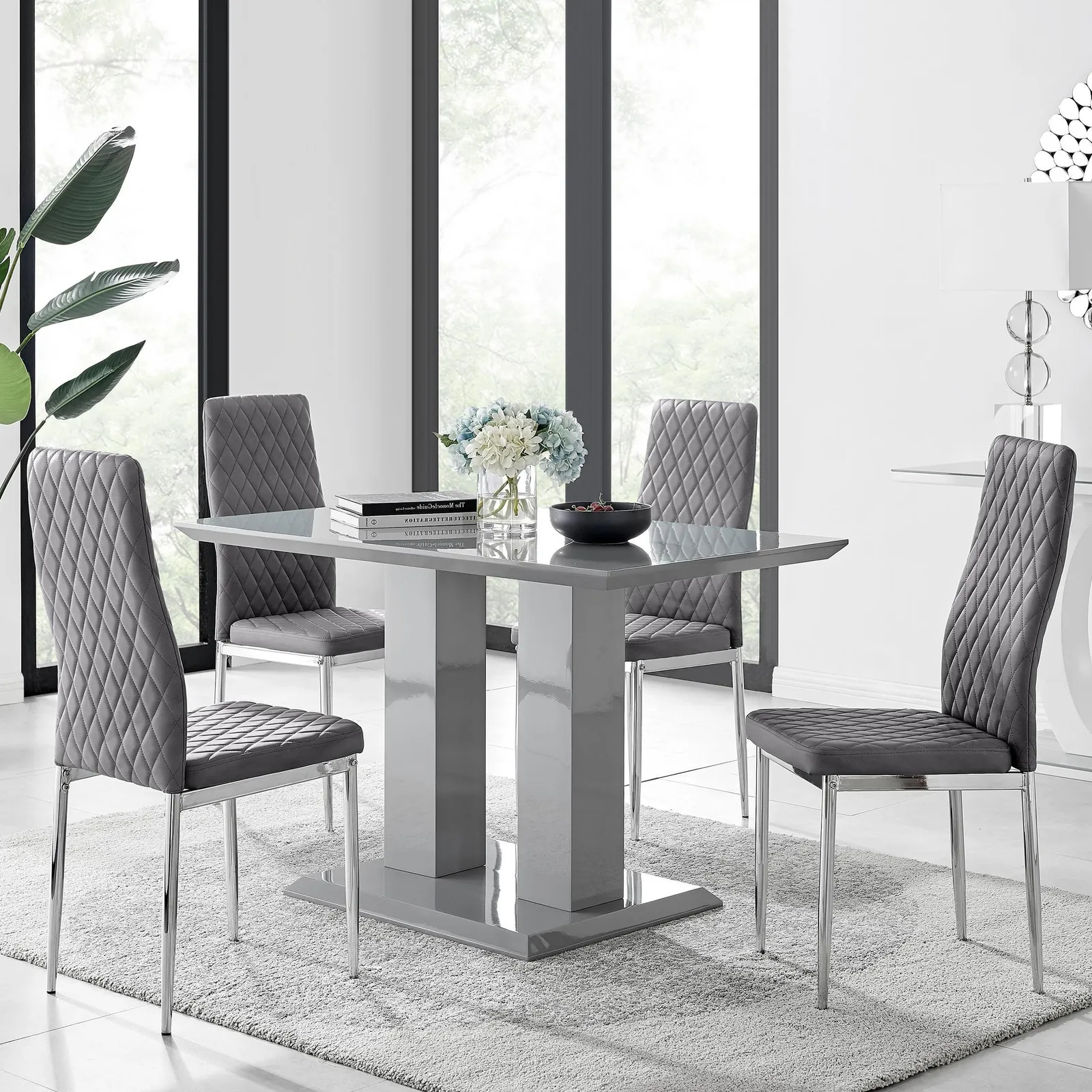 FurnitureboxUK Imperia Grey High Gloss 4 Seater Dining Table with Structural 2 Plinth Column Legs 4 Soft Faux Leather Silver Leg Milan Chairs 1