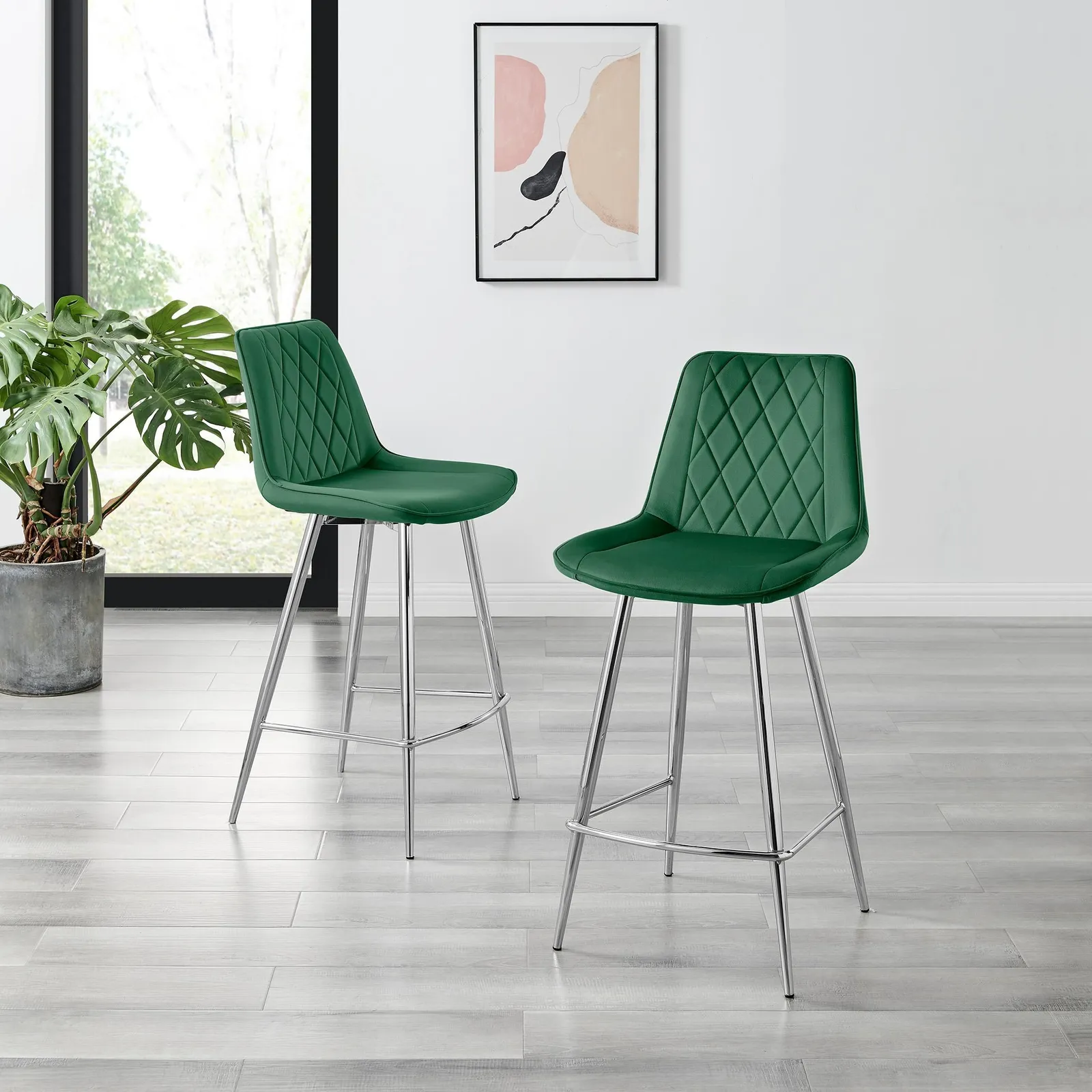 FurnitureboxUK Pesaro Set of 2 Velvet Silver Legs Counter Stools in Green 2