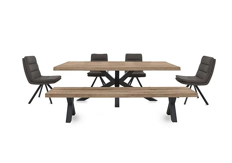 Njord Raw Edge Dining Table with Metal Star Base, Bench and 4 Anthracite Fabric Swivel Chairs - 220-cm - Storm Wood