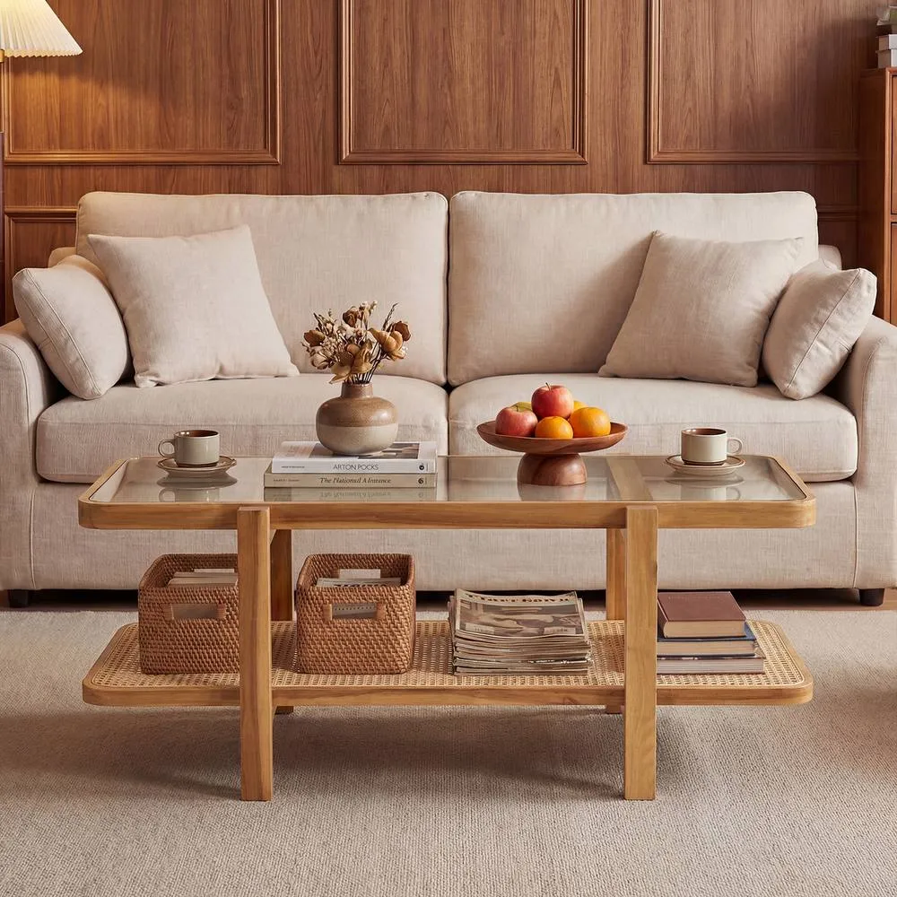Costway 2-Tier Coffee Table w/ PE Rattan Shelf Table w/ Glass Tabletop in Brown 5