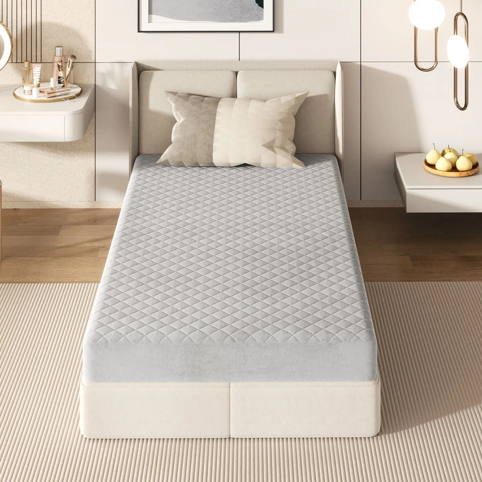 Costway Single Size Mattress Protector Luxury Super Soft Velvet Mattress Topper in Grey 6