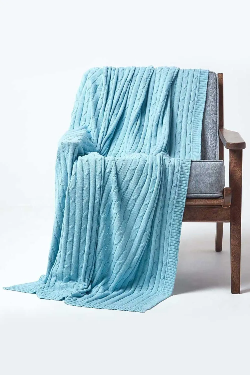 Homescapes Cotton Cable Knit Throw Soft & Cosy Vintage Blanket in Blue