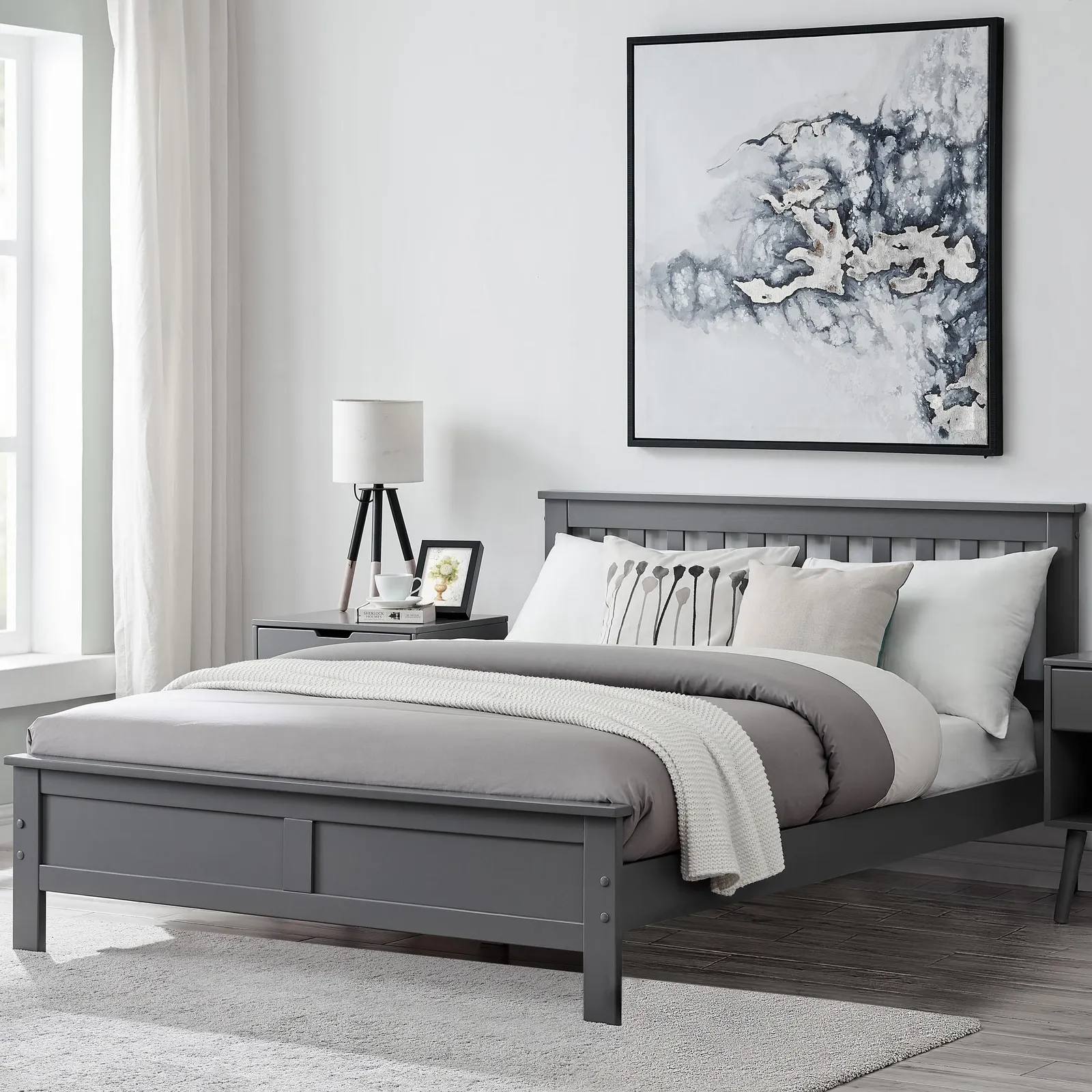 FurnitureboxUK Azure Grey Wooden Solid Pine Quality Double Bed Frame (Double Bed Frame Only) Modern Simple Design