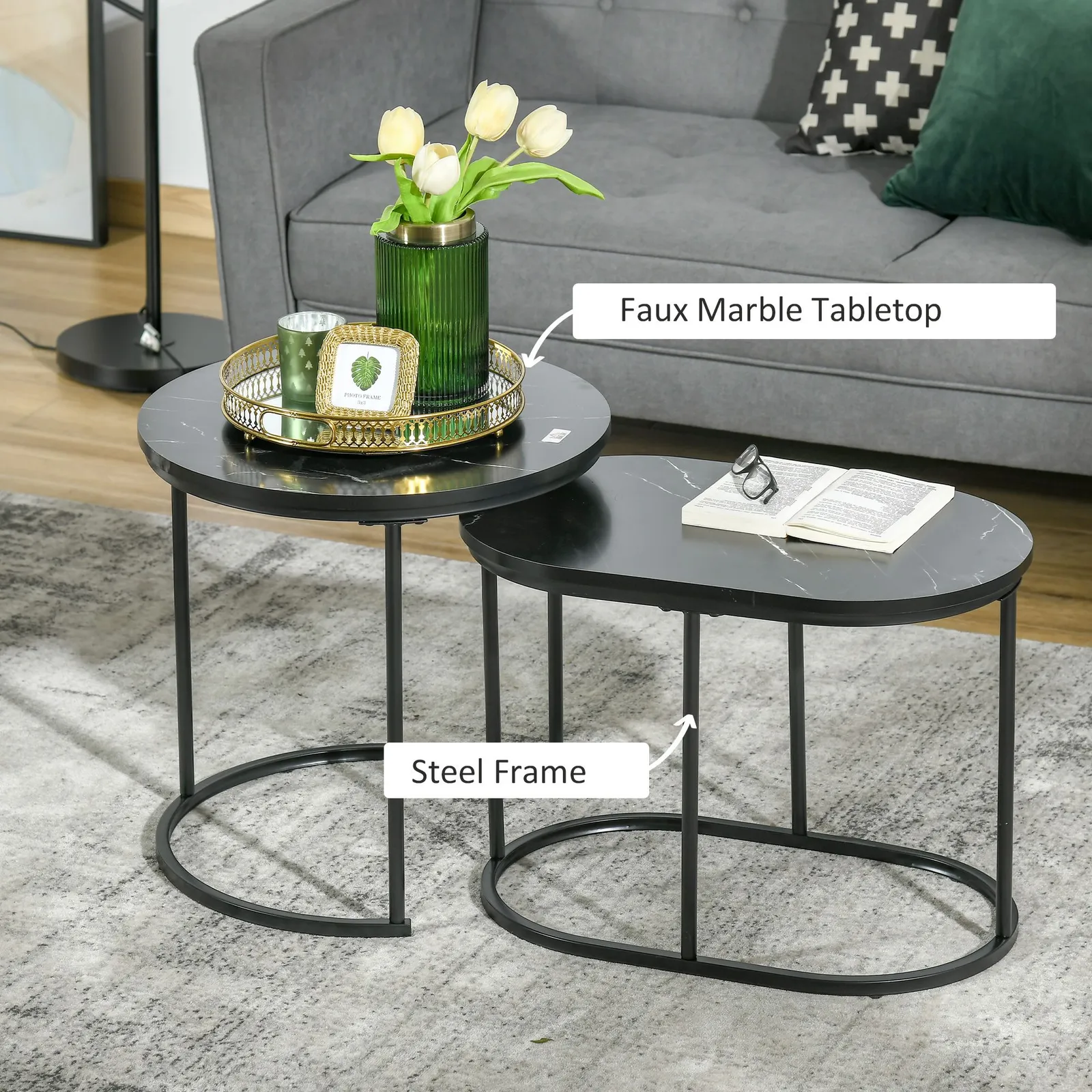 HOMCOM 2 Pcs Modern Coffee Table with Faux Marble Tabletop Black 5