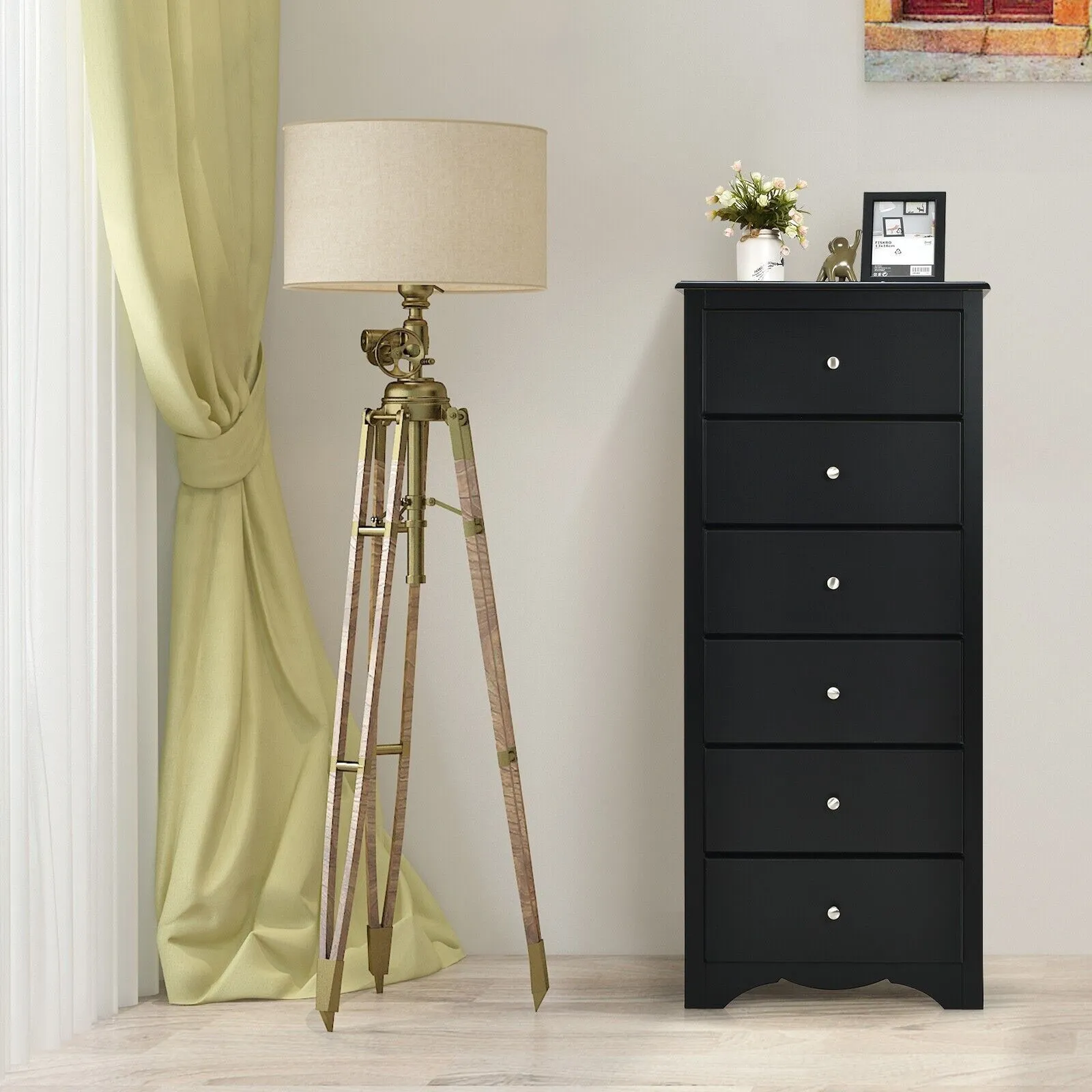Costway Chest of Drawers Free Standing 6 Drawers Wooden Storage Cabinet W/ Metal Handles in Black 3